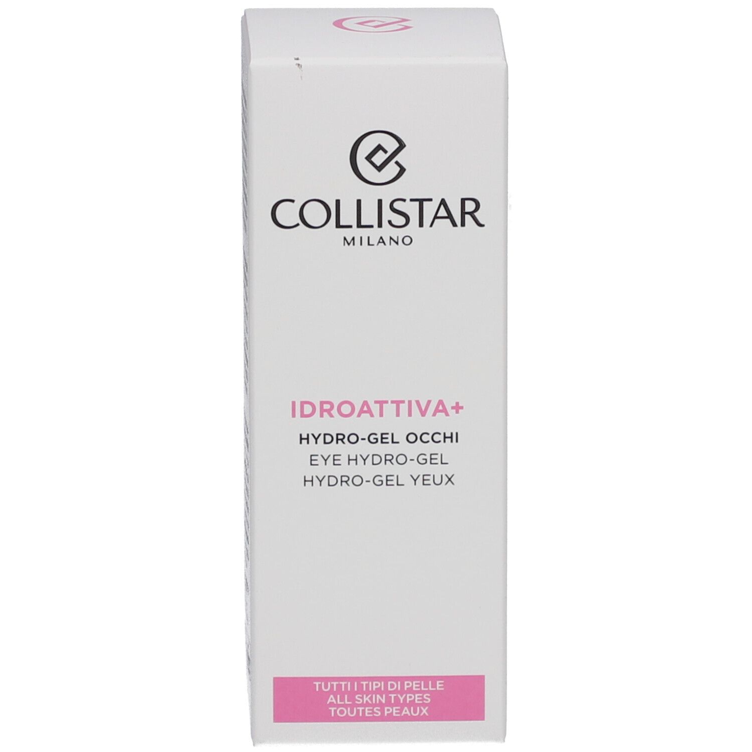 Confezione in cartone. Scritte: COLLISTAR, IDROATTIVA+, HYDRO-GEL OCCHI, EYE HYDRO-GEL, HYDRO-GEL YEUX.