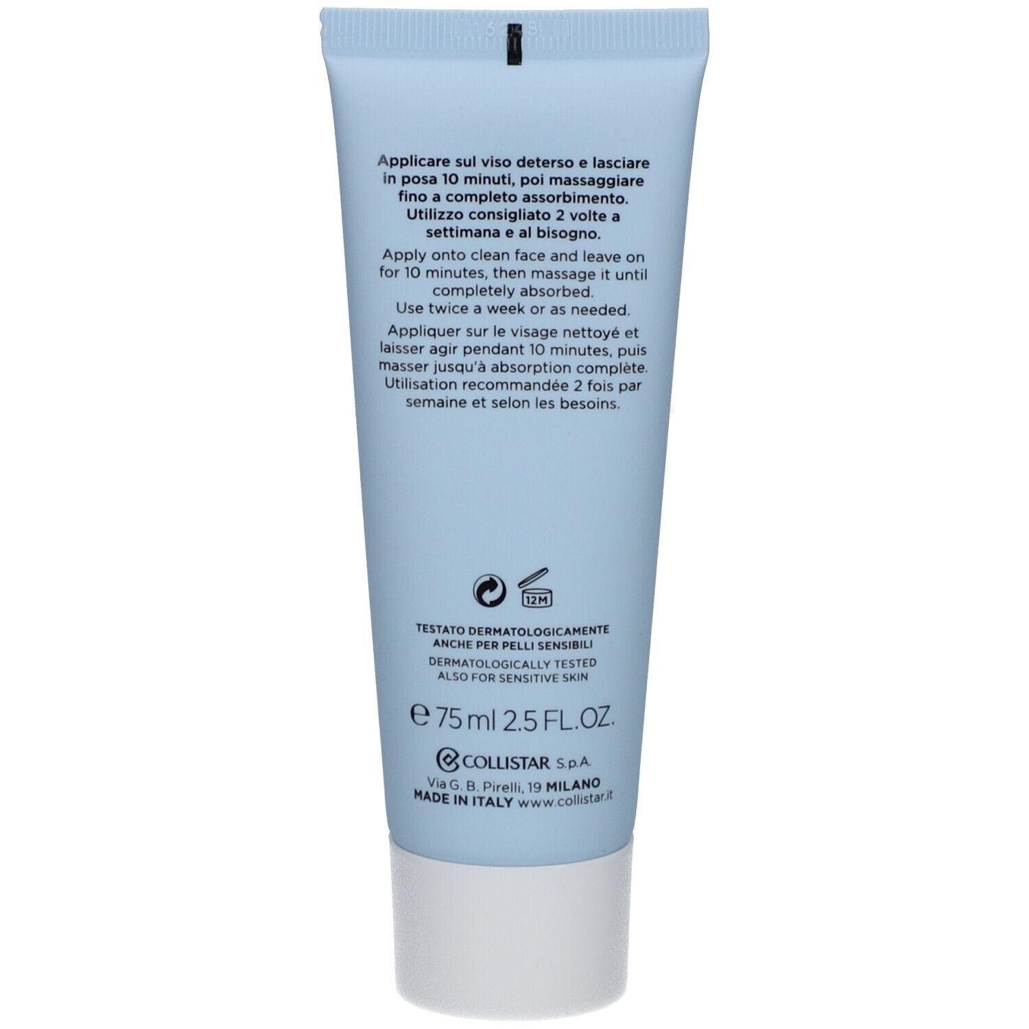 Retro del tubo azzurro chiaro. Testo multilingue: utilizzo, ingredienti, informazioni produttore, dermatologicamente testato.