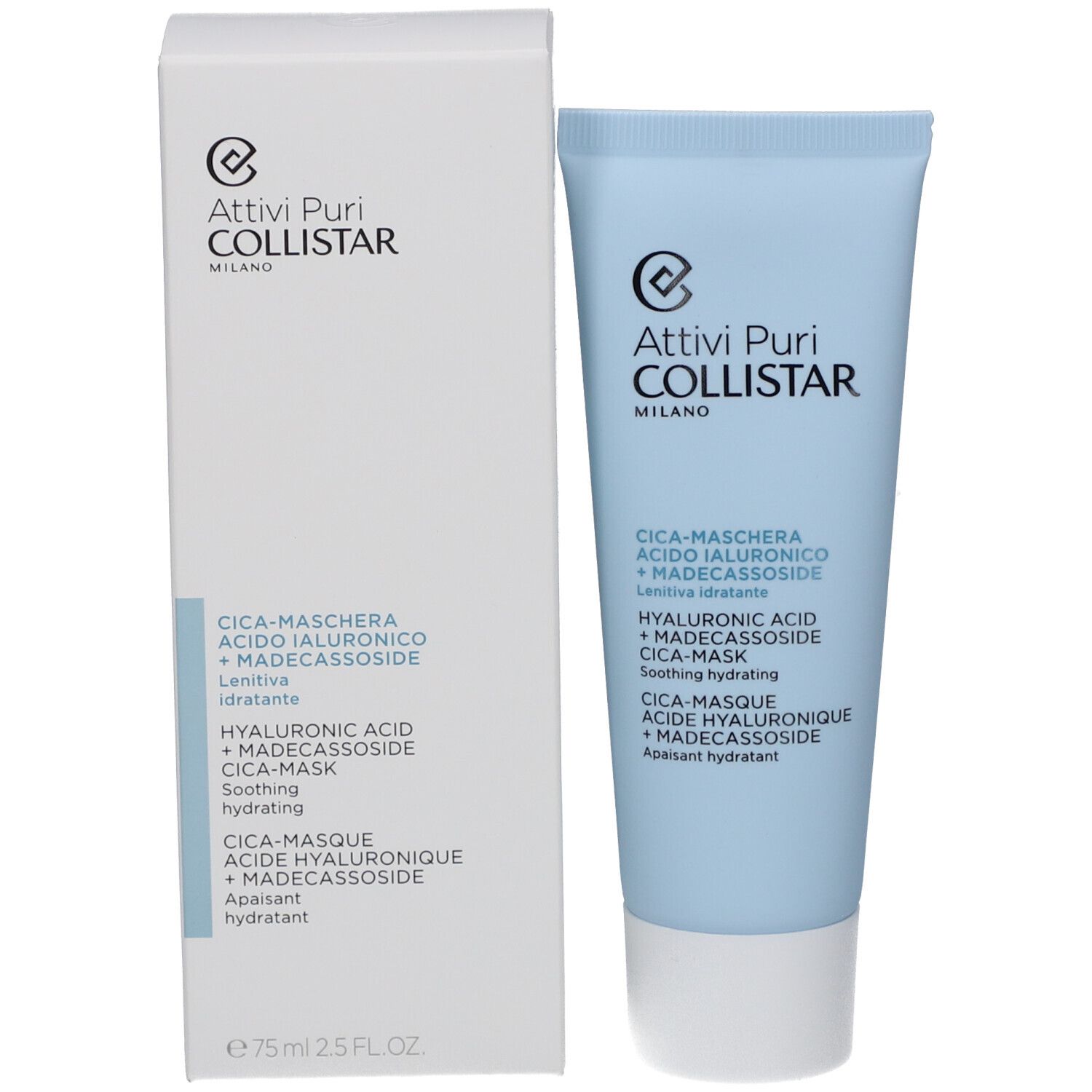 Confezione del prodotto: tubo azzurro chiaro e scatola bianca. Scritta: Attivi Puri Collistar, Cica-Maschera, Acido Ialuronico + Madecassoside.