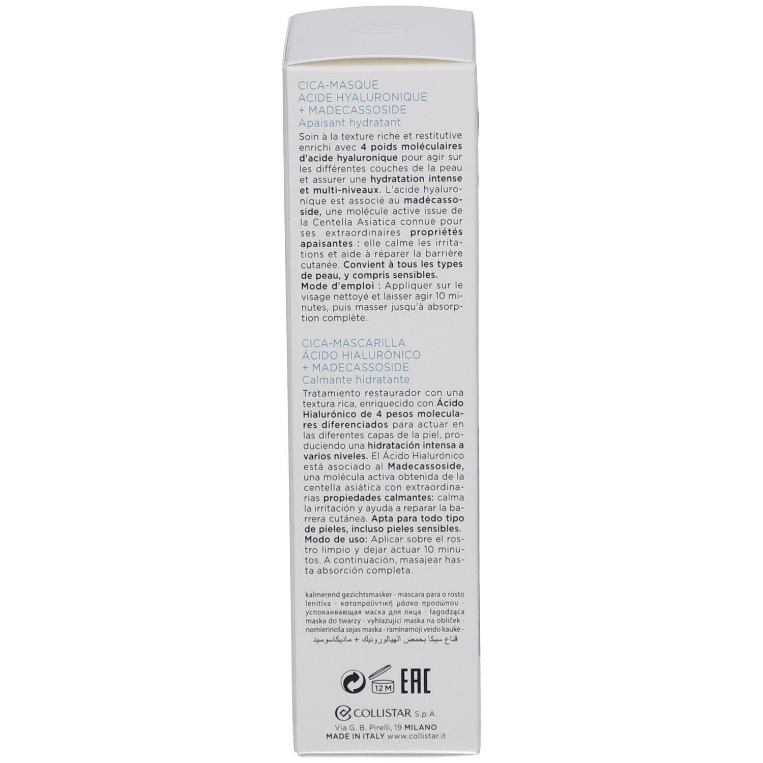 Retro della scatola bianca. Testo multilingue: descrizione del prodotto, utilizzo, ingredienti, produttore.