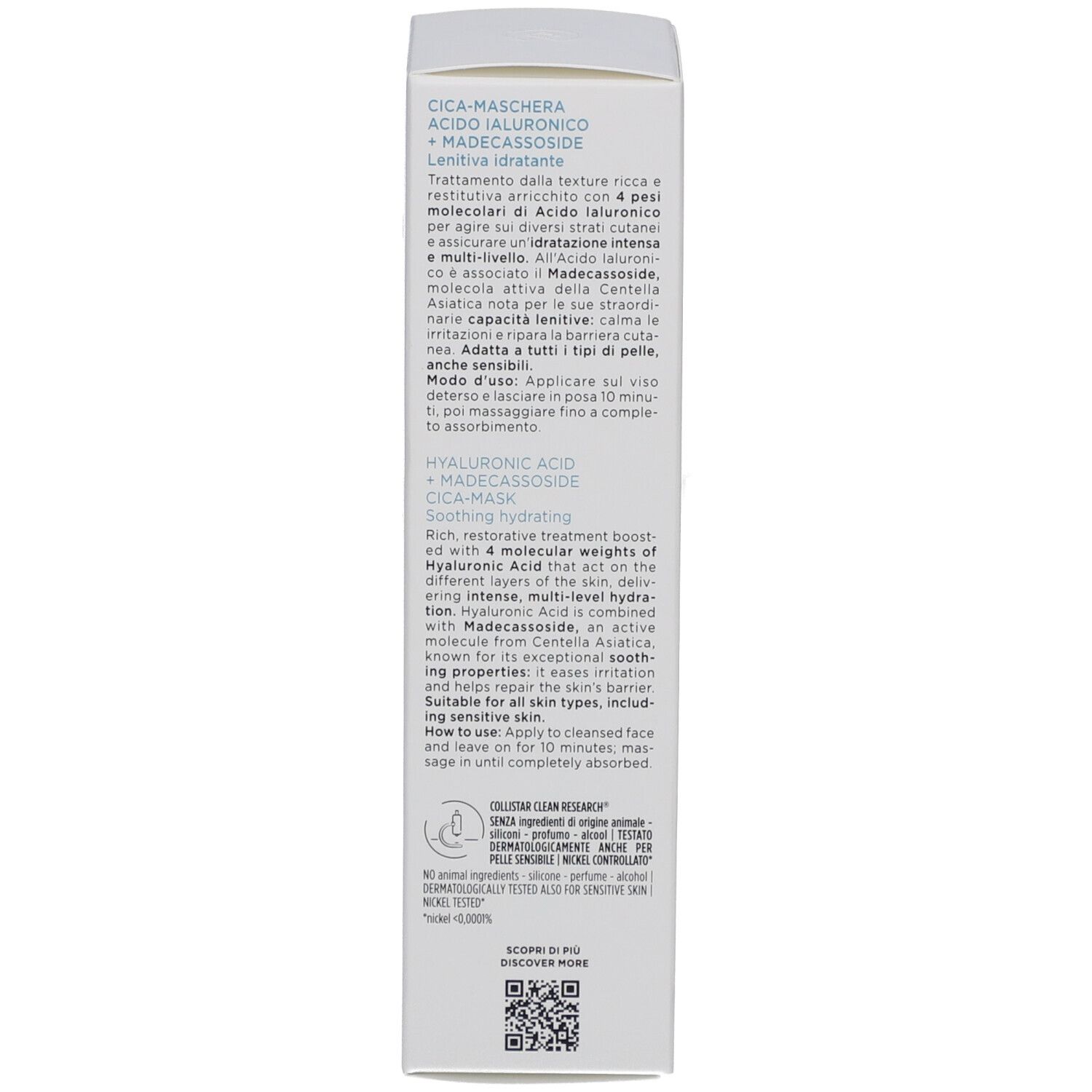 Retro della scatola bianca. Testo multilingue: descrizione del prodotto, utilizzo, ingredienti, dermatologicamente testato.