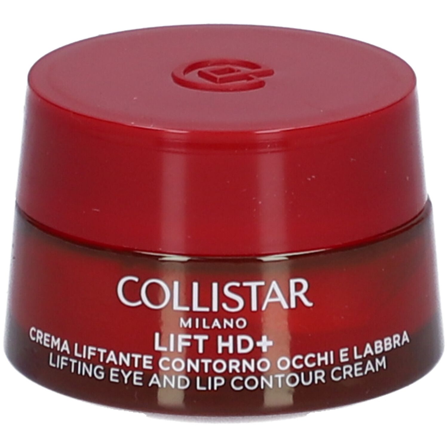 Vasetto rosso con coperchio. Scritta: Collistar, Lift HD+, crema contorno occhi e labbra.