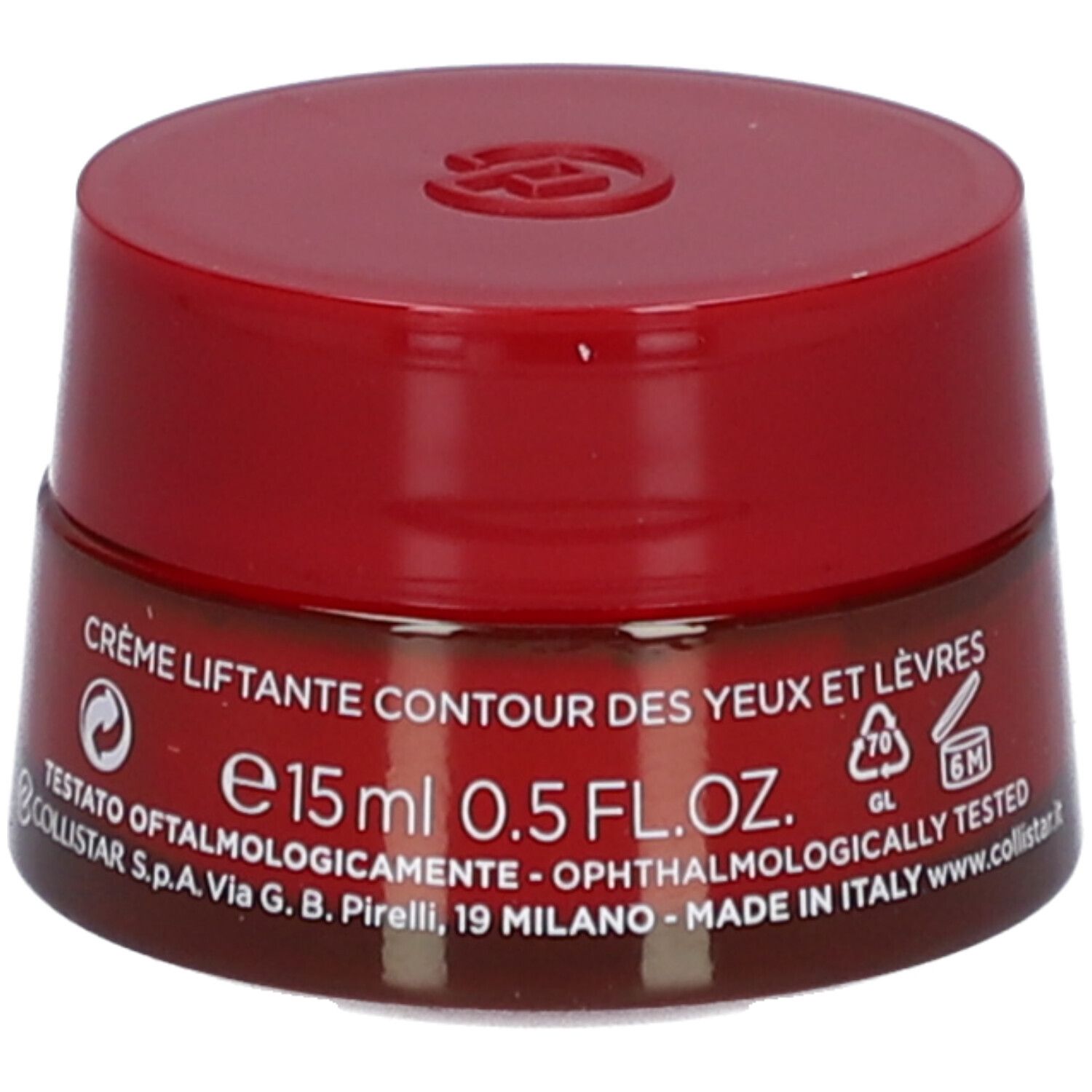 Vasetto rosso con coperchio. Scritta: Collistar, Lift HD+, crema contorno occhi e labbra. Volume: 15 ml.