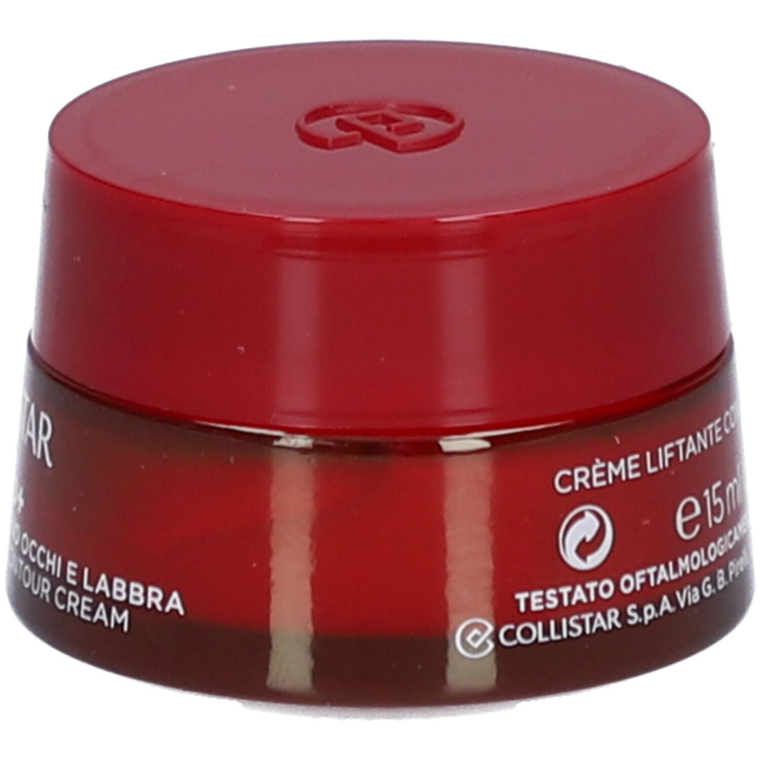 Vasetto rosso con coperchio. Scritta: Collistar, Lift HD+, crema contorno occhi e labbra. Volume: 15 ml.