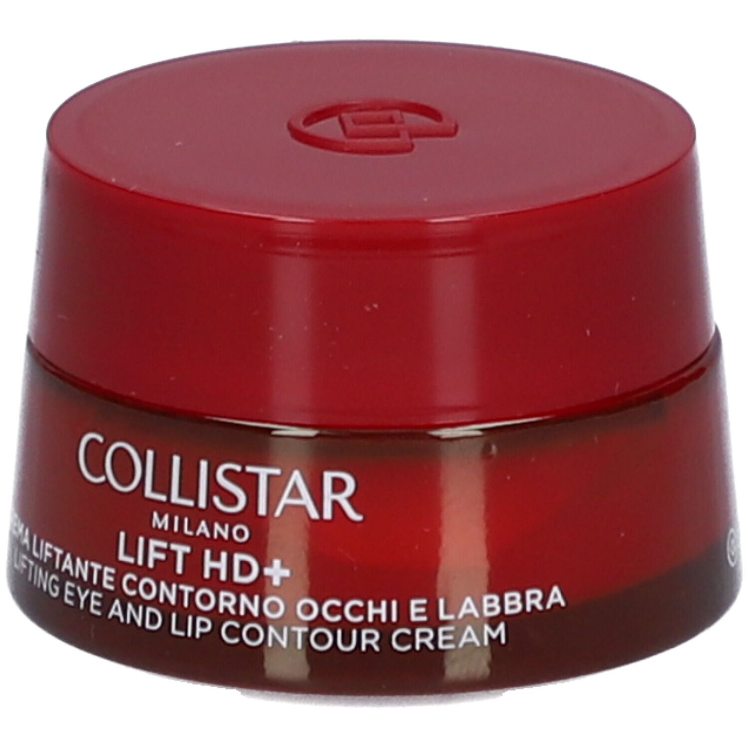 Vasetto rosso con coperchio. Scritta: Collistar, Lift HD+, crema contorno occhi e labbra.