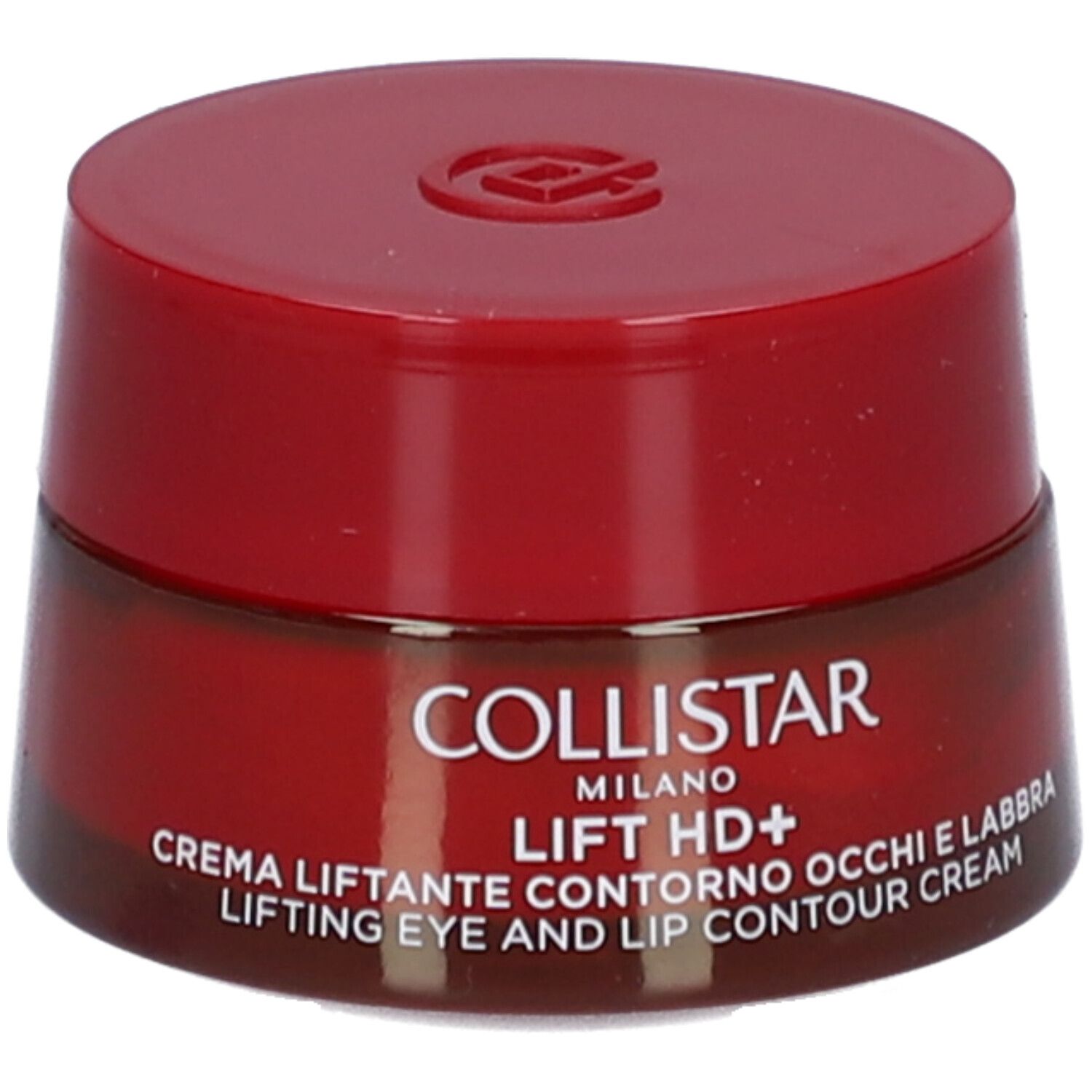 Vasetto rosso con coperchio. Scritta: Collistar, Lift HD+, crema contorno occhi e labbra.