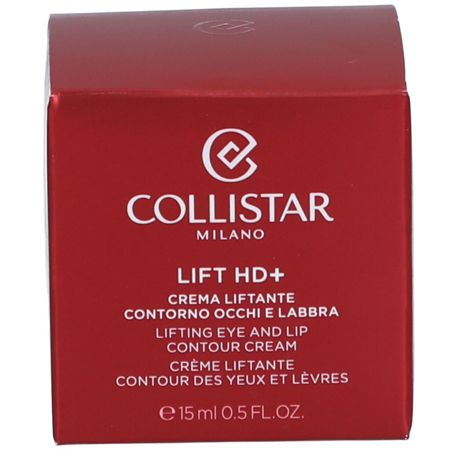 Scatola rossa. Scritta: Collistar, Lift HD+, crema contorno occhi e labbra. Volume: 15 ml.