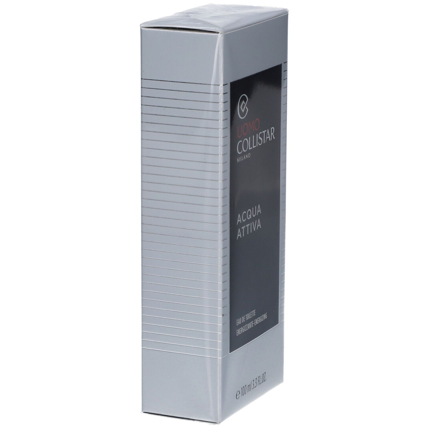 Confezione rettangolare argentata. Scritta bianca su sfondo nero: UOMO COLLISTAR, ACQUA ATTIVA. Eau de Toilette. 100 ml.