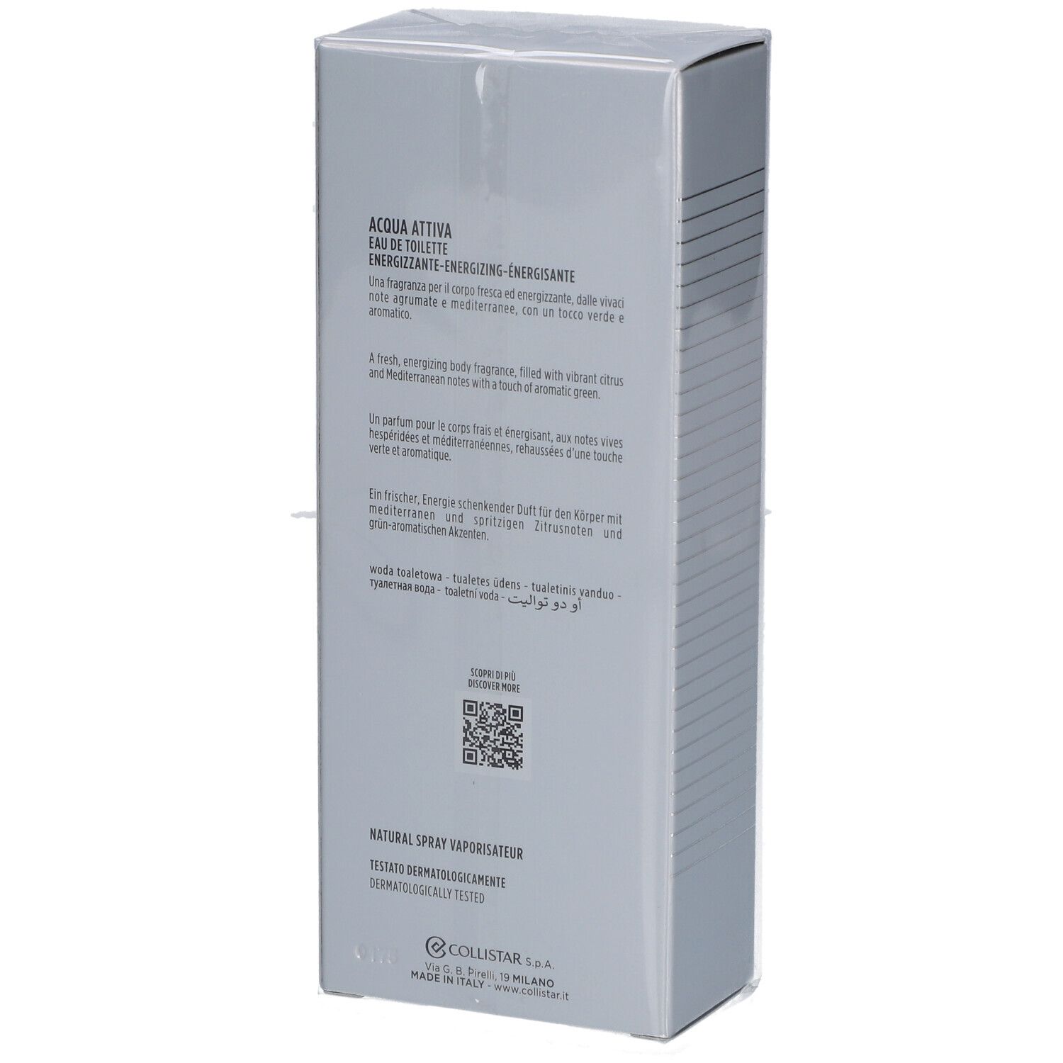 Retro della confezione argentata. Testo multilingue: ACQUA ATTIVA, Eau de Toilette. Codice QR. Prodotto in Polonia.