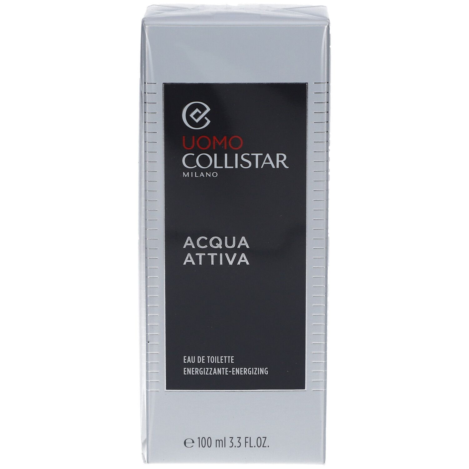 Confezione rettangolare argentata. Scritta bianca su sfondo nero: UOMO COLLISTAR, ACQUA ATTIVA. Eau de Toilette. 100 ml.