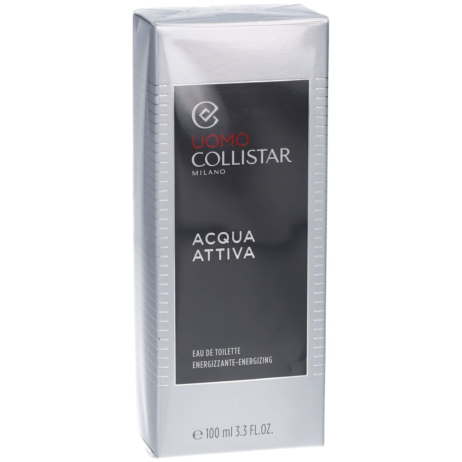 Confezione rettangolare argentata. Scritta bianca su sfondo nero: UOMO COLLISTAR, ACQUA ATTIVA. Eau de Toilette. 100 ml.