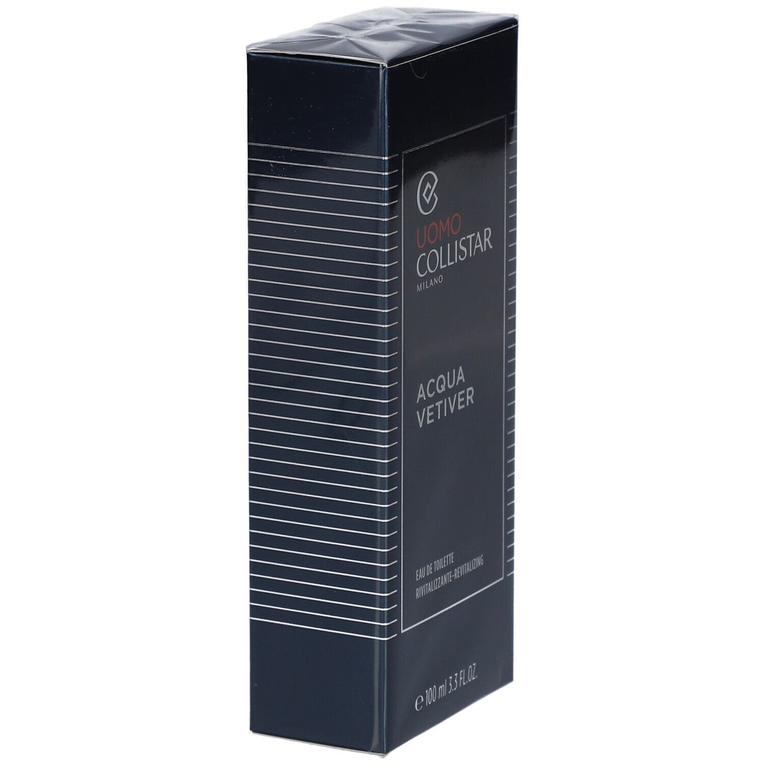 Scatola rettangolare blu scuro con linee bianche. Scritta: Uomo Collistar, Acqua Vetiver. In basso: 100 ml 3.3 FL.OZ.