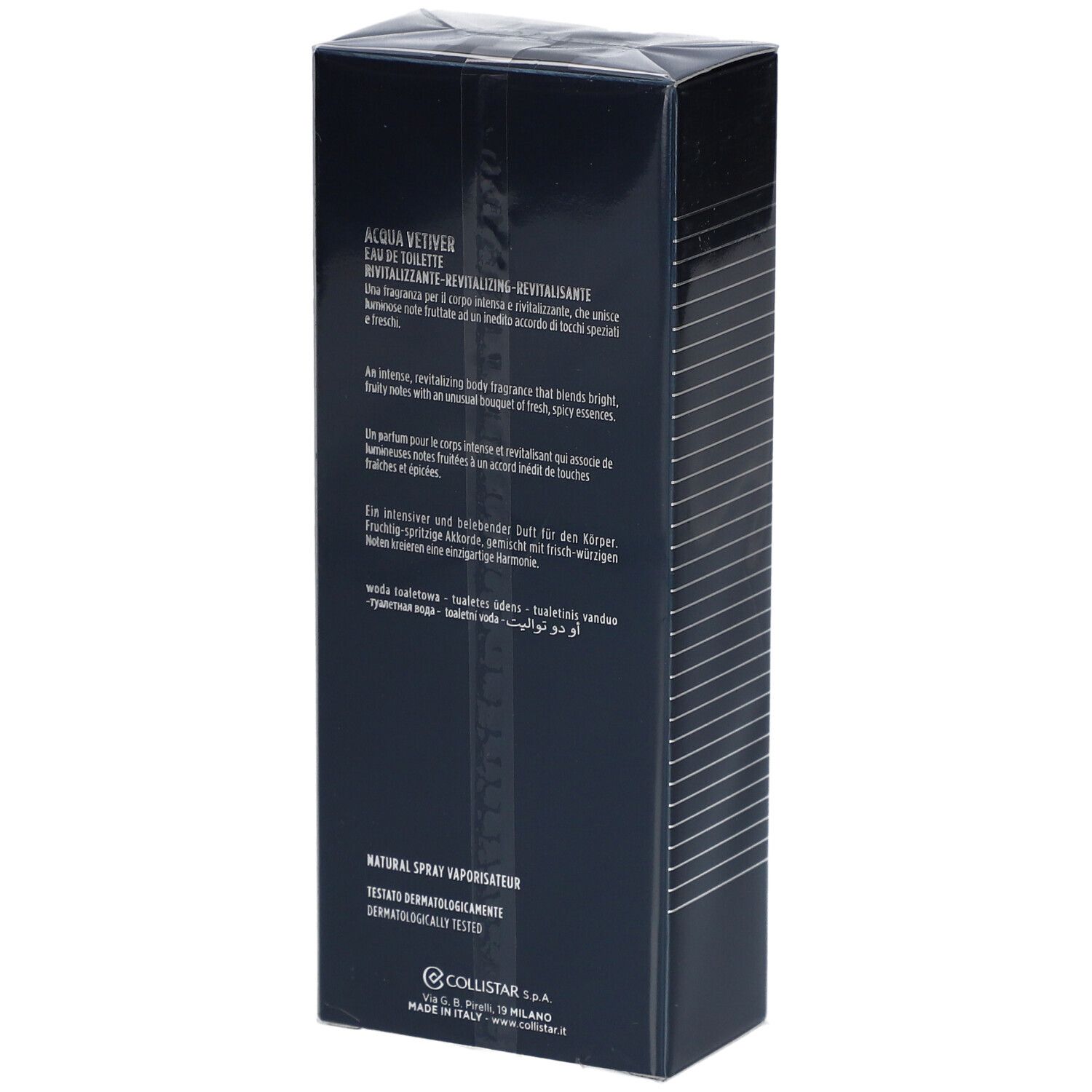 Scatola blu scuro con testo. Scritta: Acqua Vetiver, Eau de Toilette, Natural Spray Vaporisateur. In basso: Collistar S.p.A.