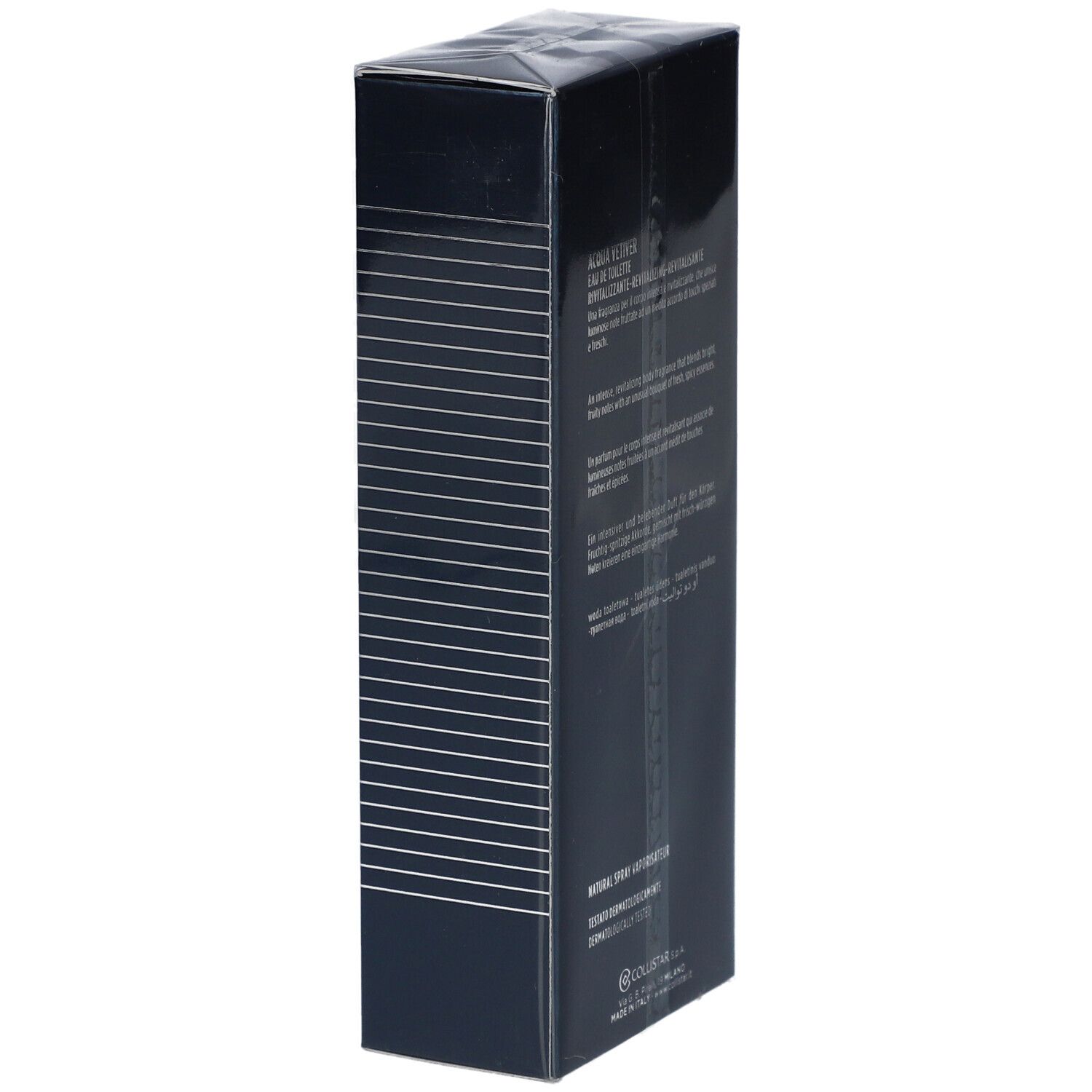 Scatola blu scuro con testo e linee bianche. Scritta: Acqua Vetiver, Eau de Toilette. In basso: Collistar S.p.A.