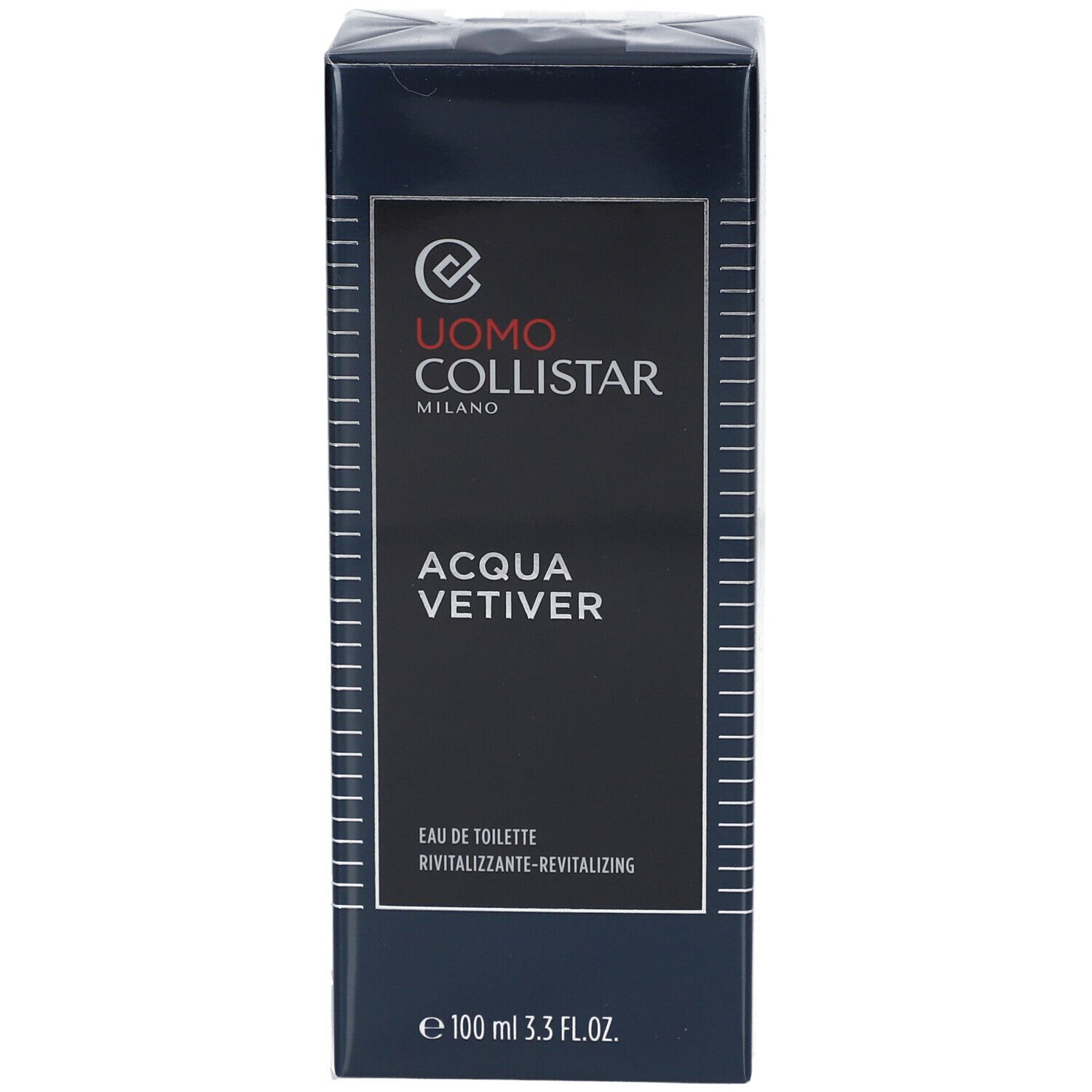 Scatola rettangolare blu scuro. Scritta: Uomo Collistar, Acqua Vetiver, Eau de Toilette. In basso: 100 ml 3.3 FL.OZ.