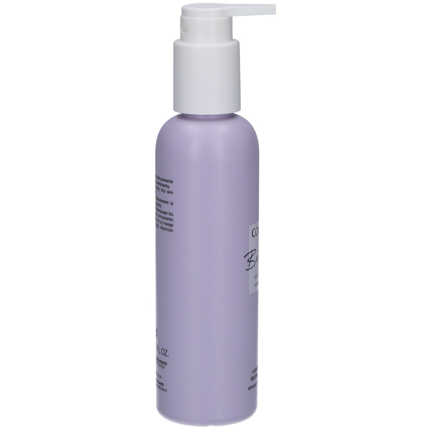 Flacone con dosatore. Lilla, testo laterale. Collistar, Benessere, Fico e Glicine. 200 ml.