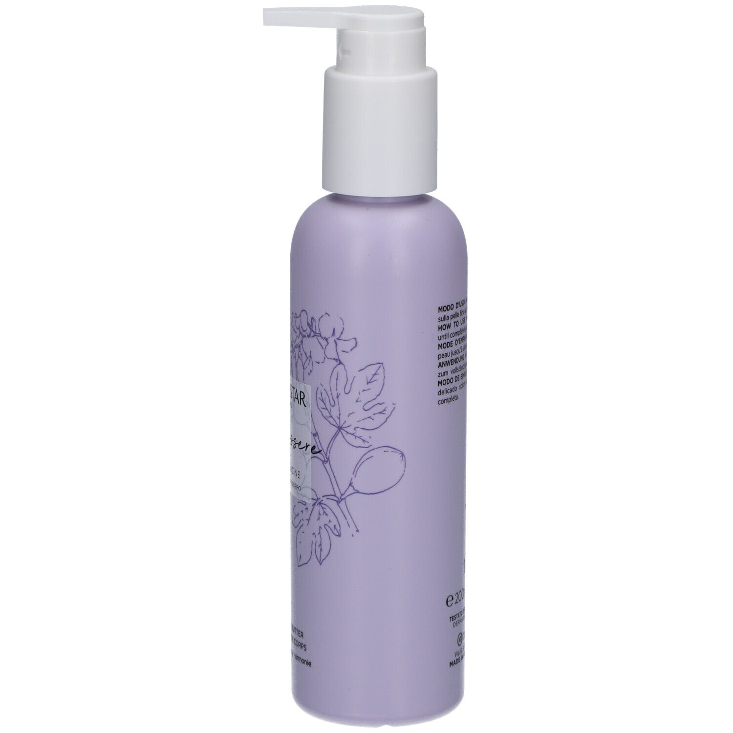 Flacone con dosatore. Lilla, testo e illustrazione. Collistar, Benessere, Fico e Glicine. 200 ml.
