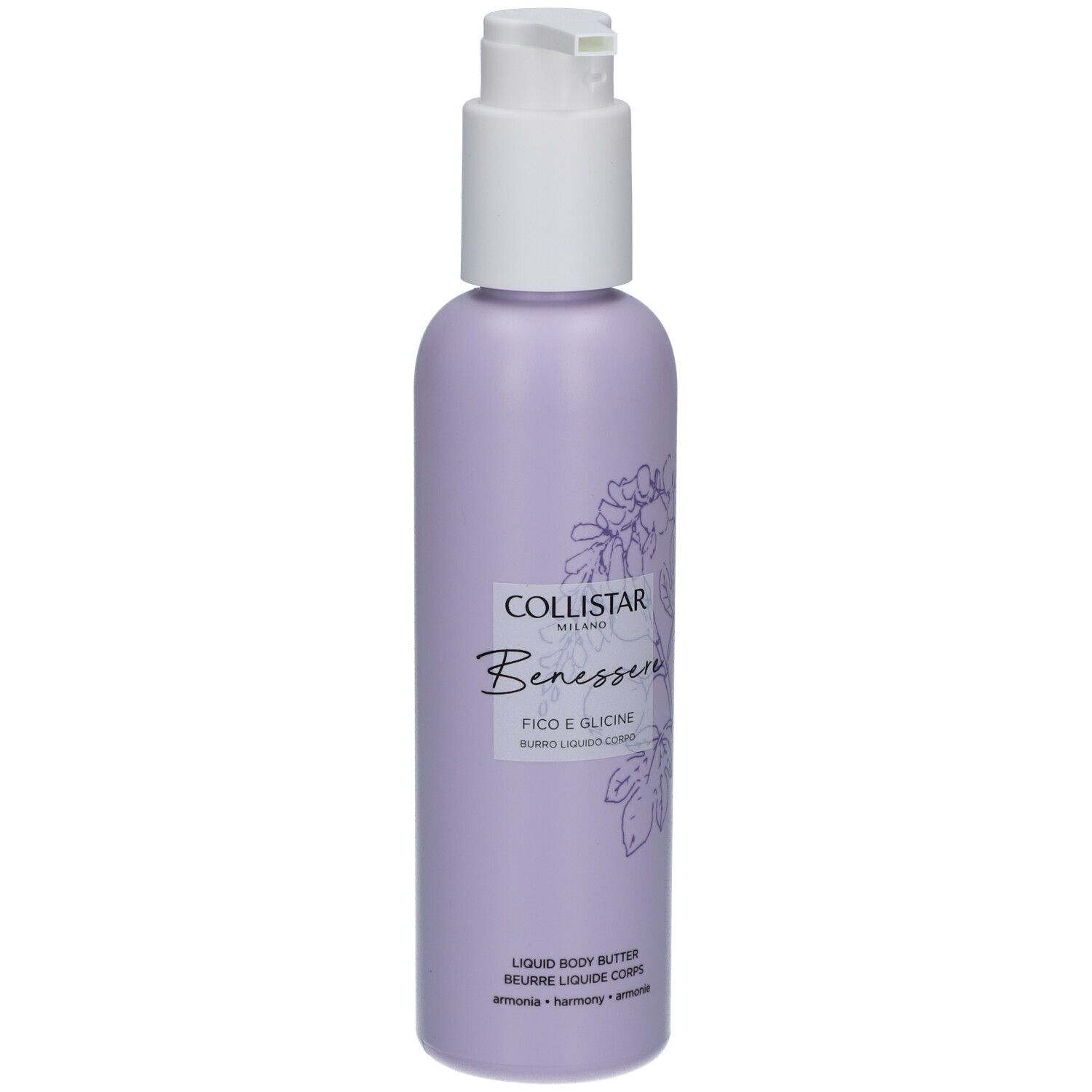 Flacone con dosatore. Etichetta lilla con motivo floreale e testo: Collistar, Benessere, Fico e Glicine. Burro liquido.