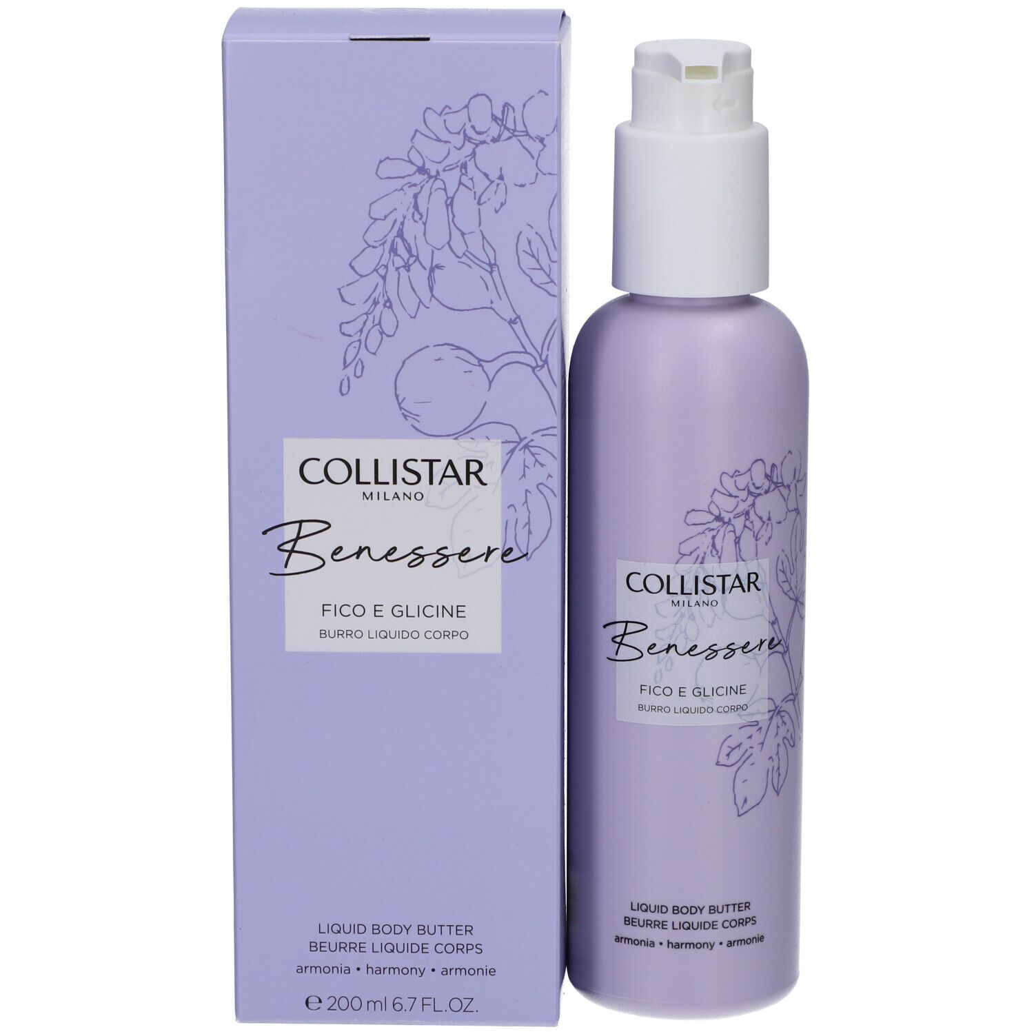 Confezione del prodotto. Scatola lilla e flacone con dosatore. Collistar, Benessere, Fico e Glicine. Burro liquido.