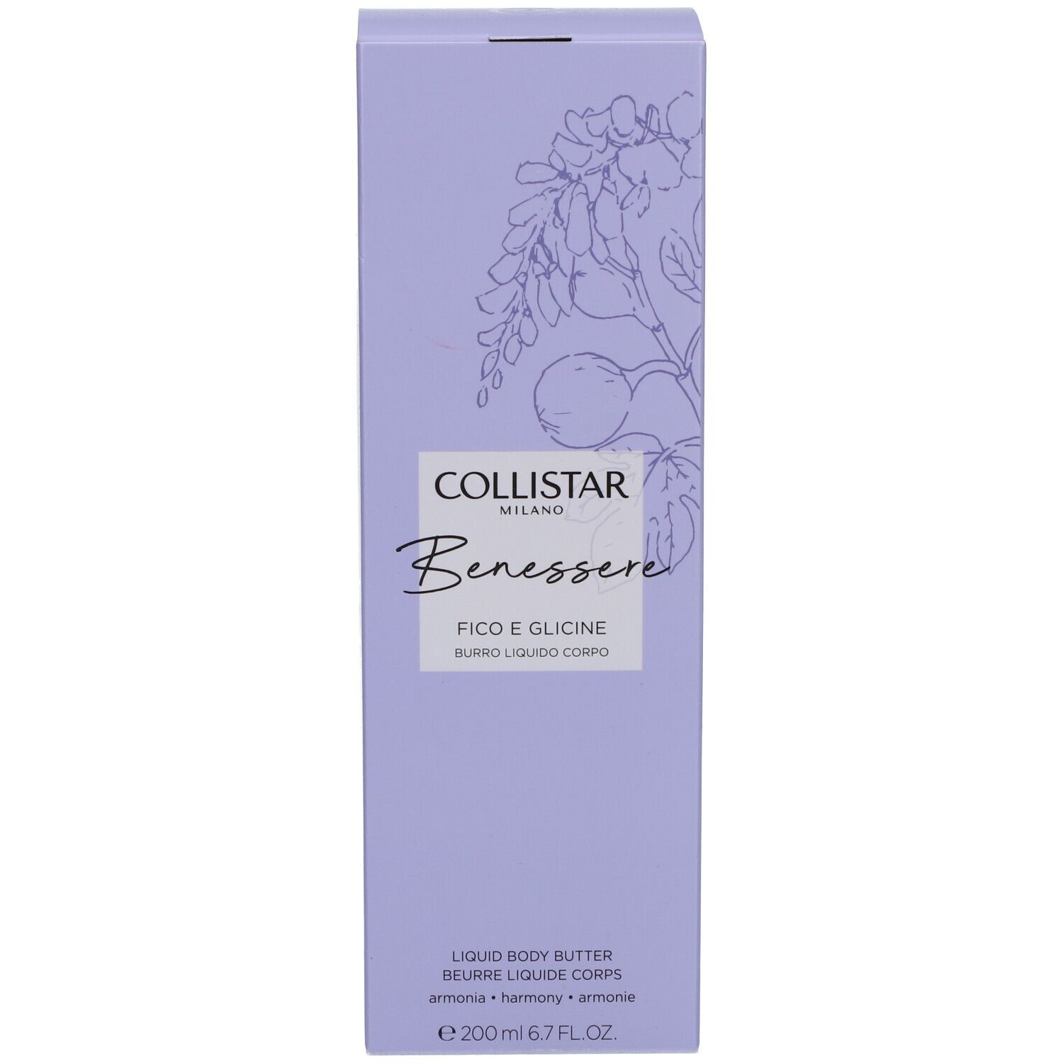 Scatola lilla. Testo: Collistar, Benessere, Fico e Glicine. Burro liquido corpo. 200 ml.