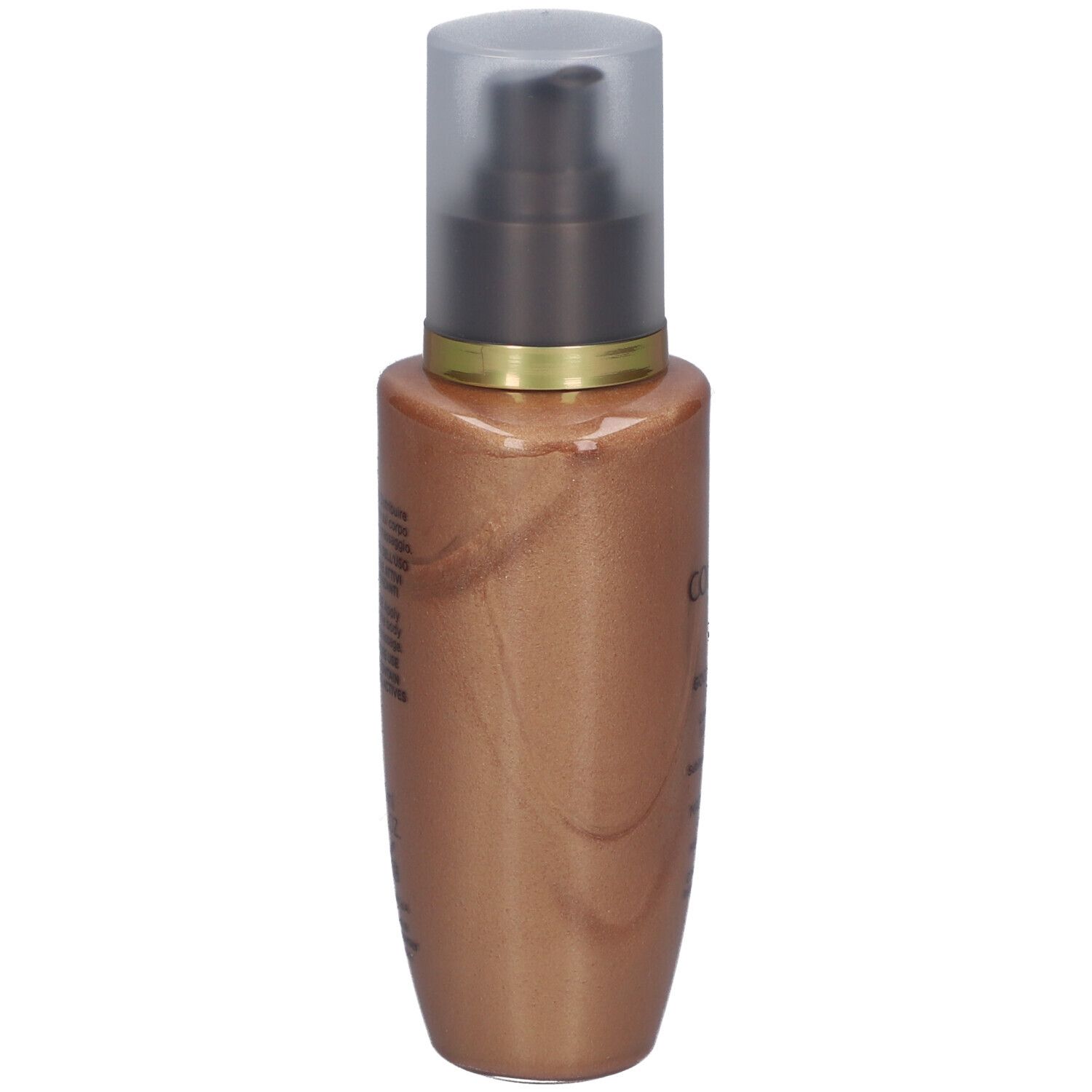 Concentrato abbronzante. Flacone con dosatore a pompa. Prodotto dorato. Scritta: Collistar, Magic Drops Glow.