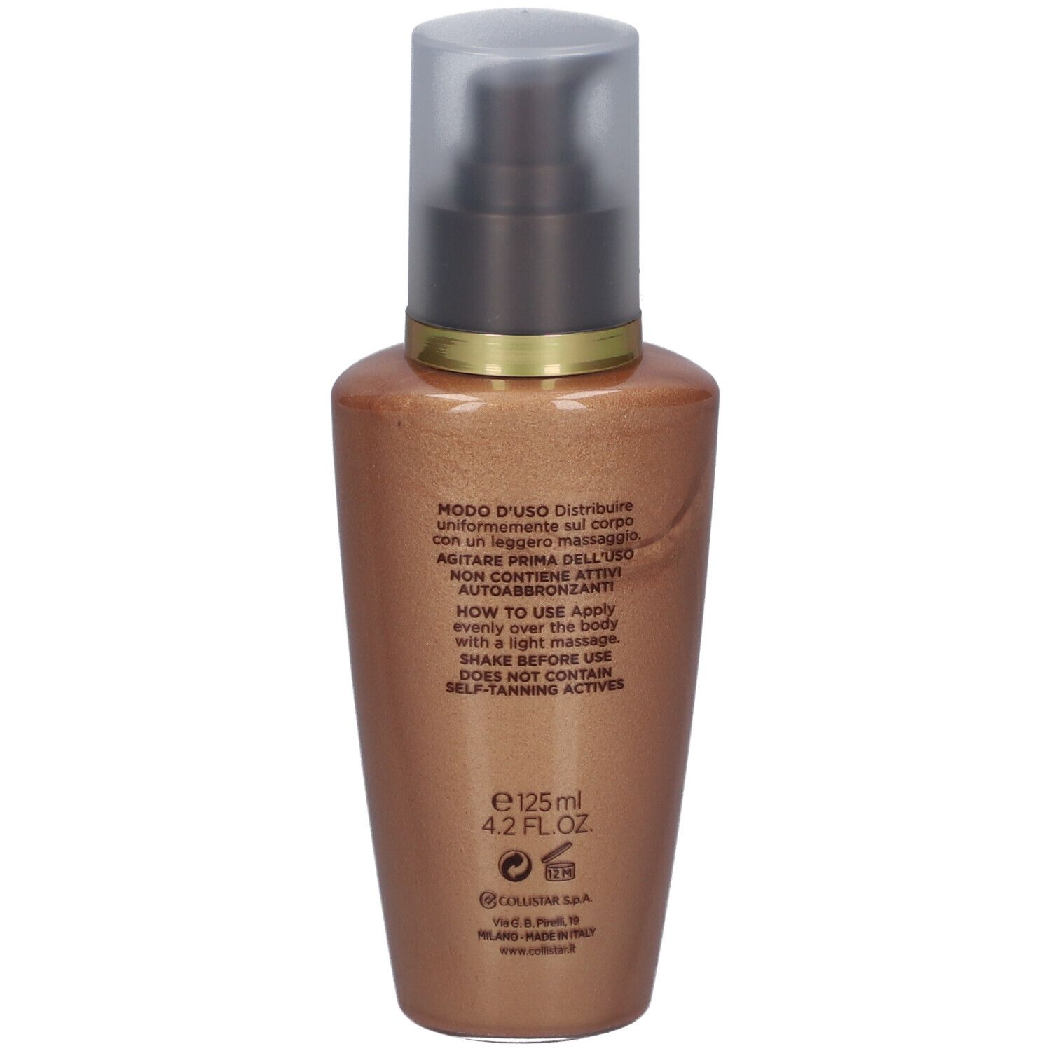 Concentrato abbronzante. Flacone con dosatore a pompa. Retro con istruzioni per l'uso. Scritta: Collistar, Magic Drops Glow.