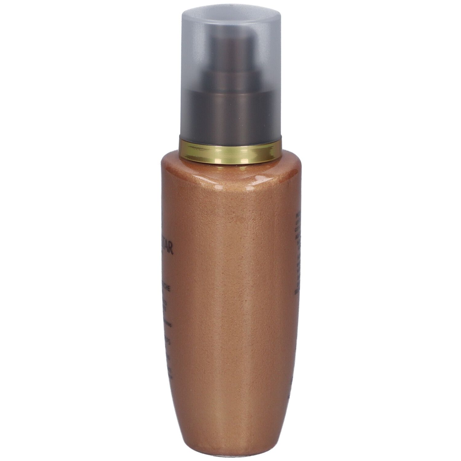 Concentrato abbronzante. Flacone con dosatore a pompa. Prodotto dorato. Scritta: Collistar, Magic Drops Glow.