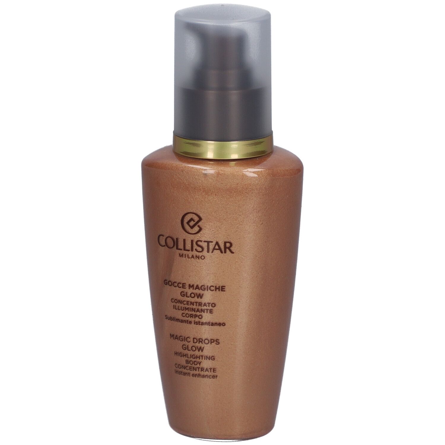 Concentrato abbronzante. Flacone con dosatore a pompa. Prodotto dorato. Scritta: Collistar, Magic Drops Glow.