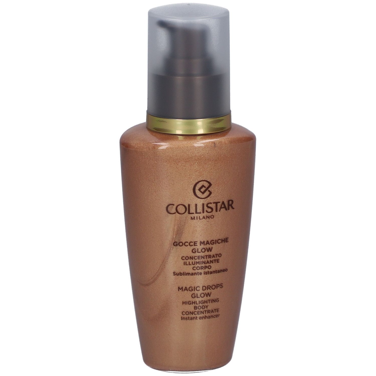 Concentrato abbronzante. Flacone con dosatore a pompa. Prodotto dorato. Scritta: Collistar, Magic Drops Glow.