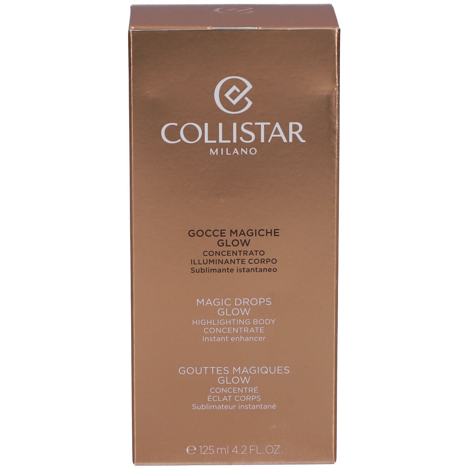 Confezione. Scatola dorata. Scritta: Collistar, Magic Drops Glow, 125 ml.