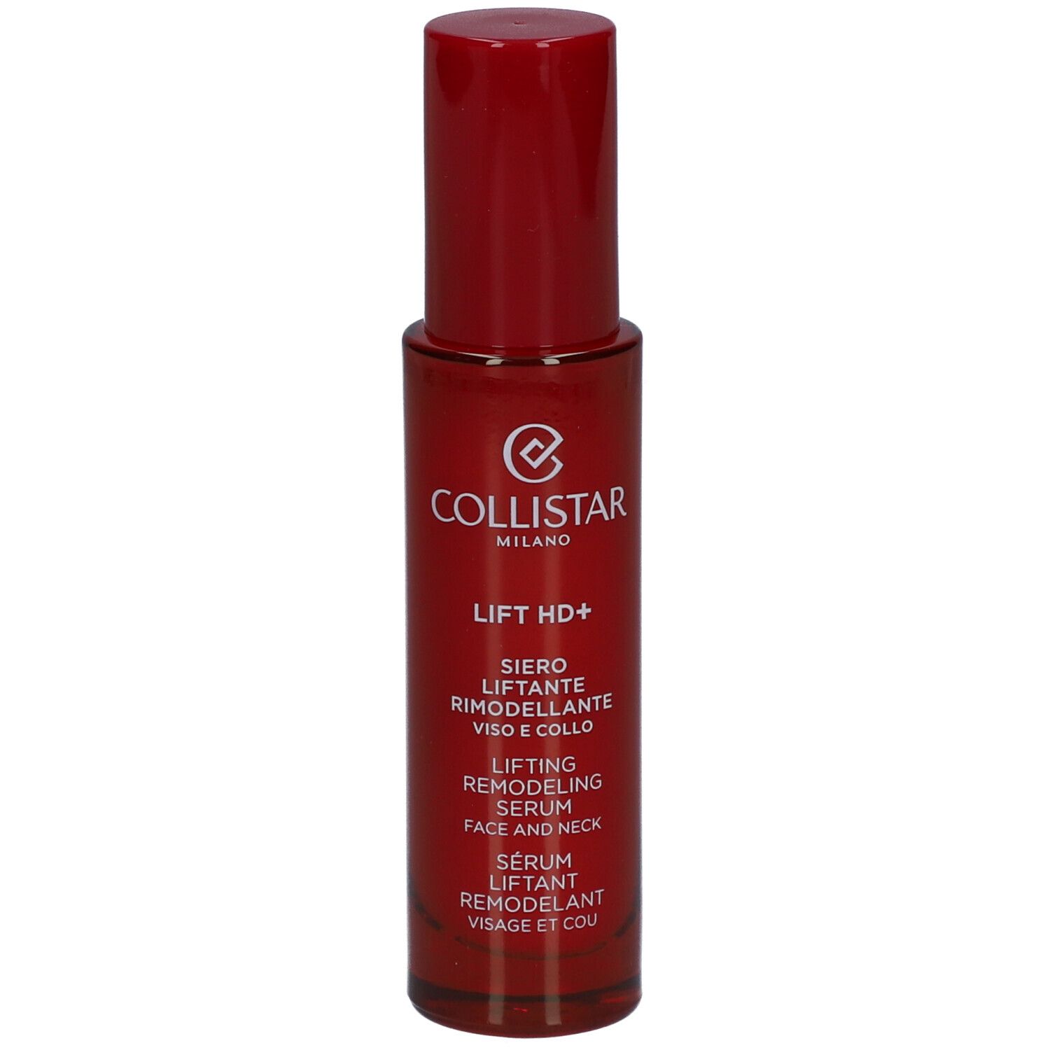 Flacone rosso con tappo rosso. Scritta: Collistar, Lift HD+, siero viso e collo.