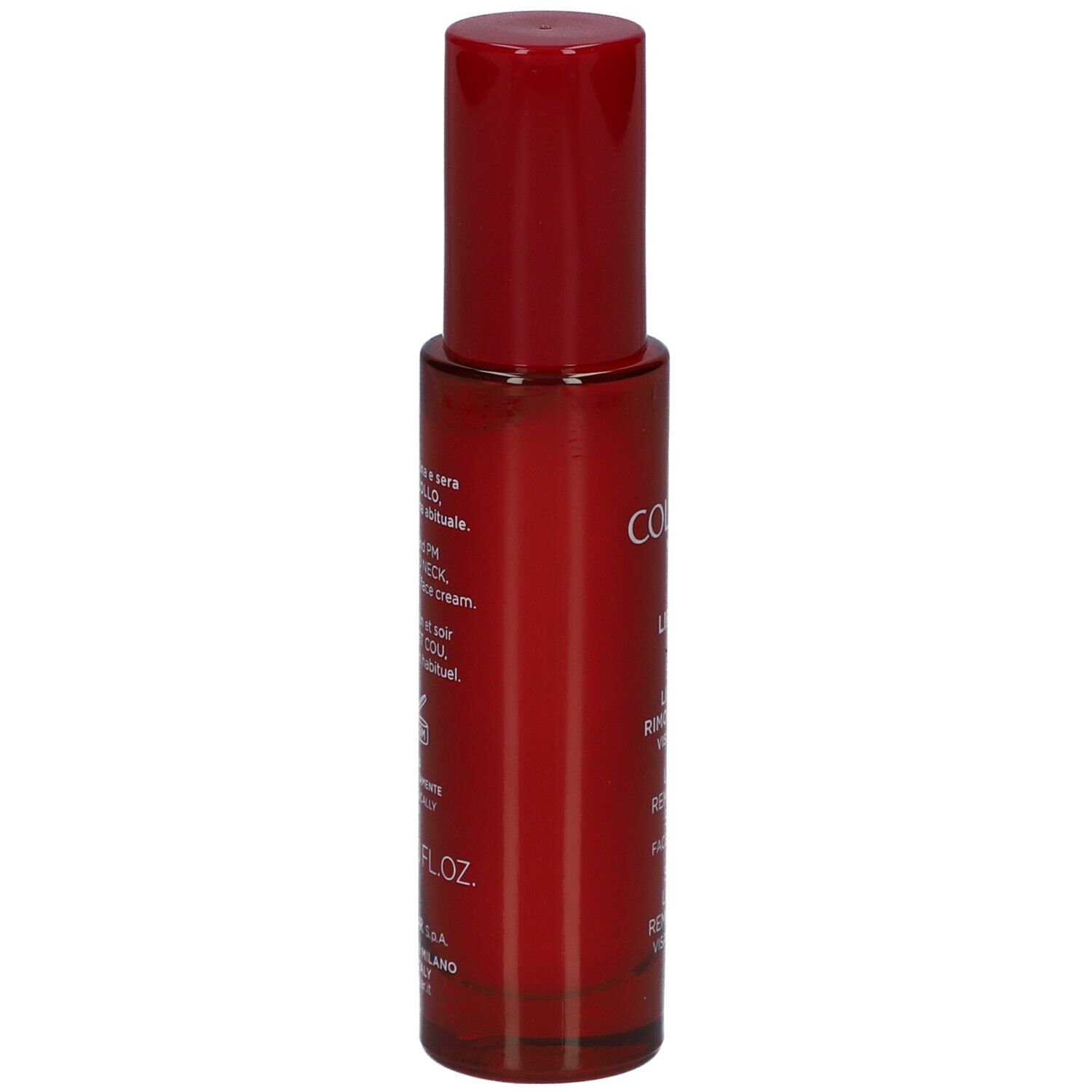 Flacone rosso con tappo rosso. Scritta: Collistar, Lift HD+, siero viso e collo.