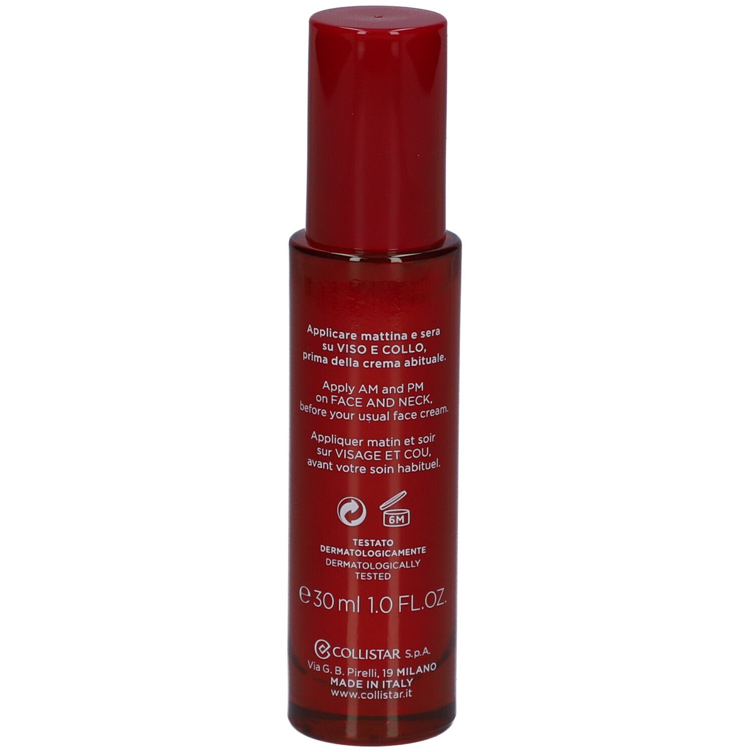 Flacone rosso con tappo rosso. Scritta: Collistar, Lift HD+, siero viso e collo.