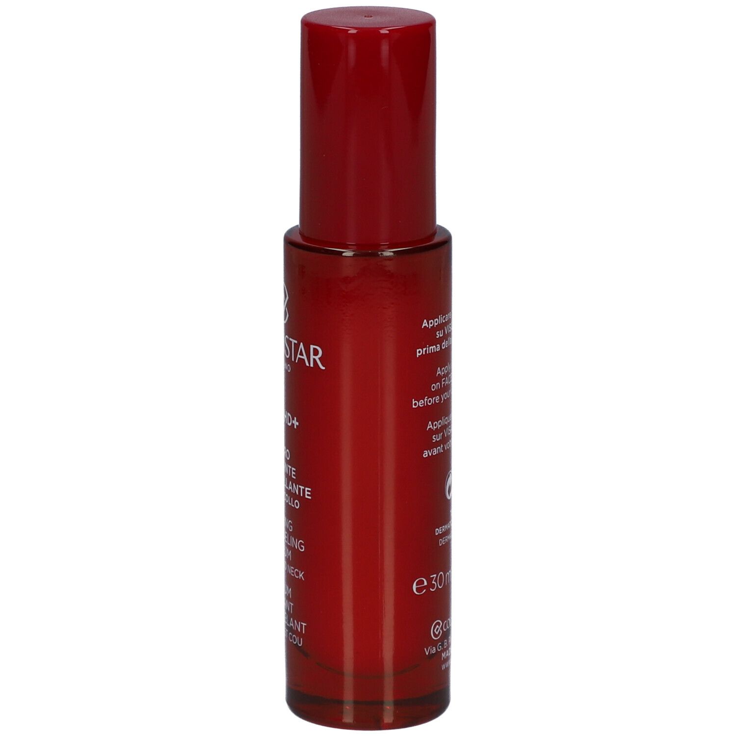 Flacone rosso con tappo rosso. Scritta: Collistar, Lift HD+, siero viso e collo.