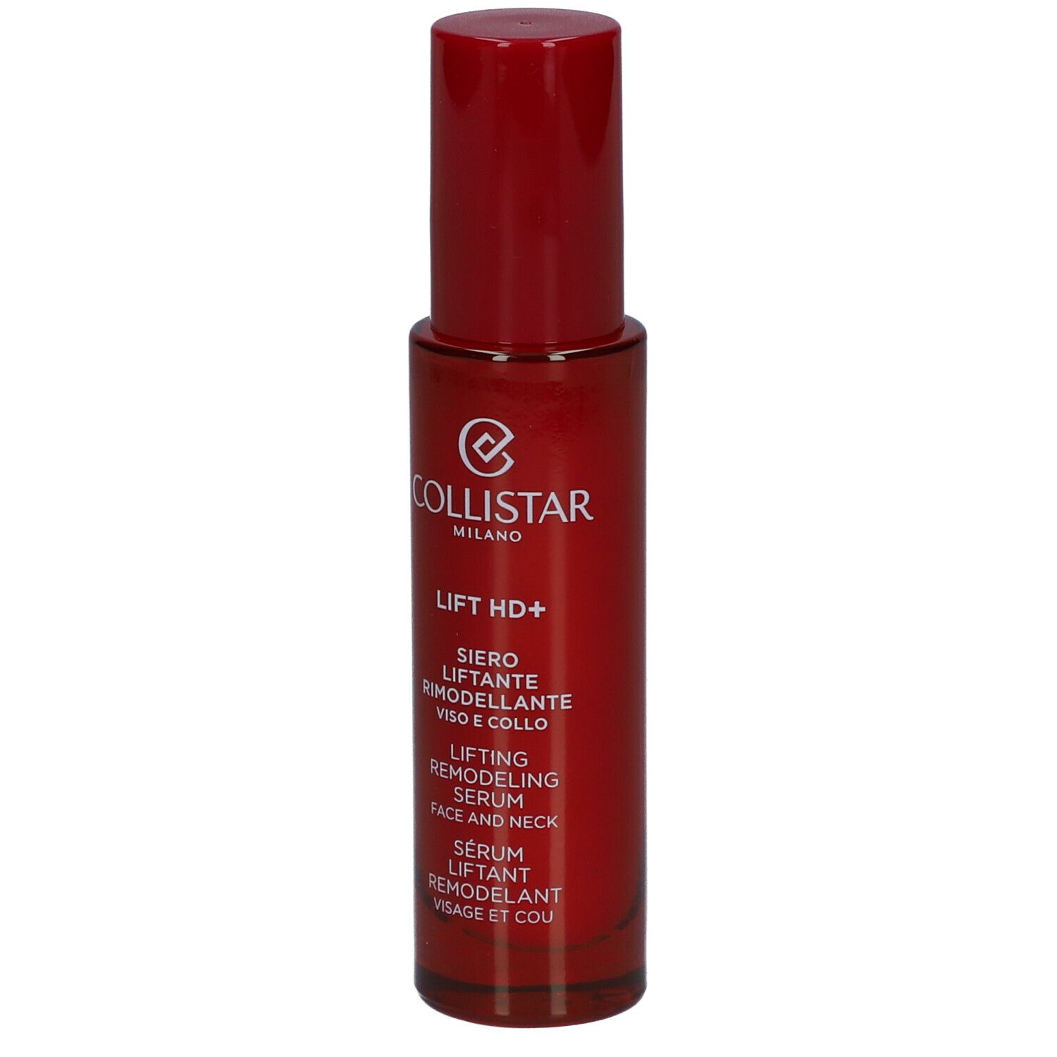 Flacone rosso con tappo rosso. Scritta: Collistar, Lift HD+, siero viso e collo.