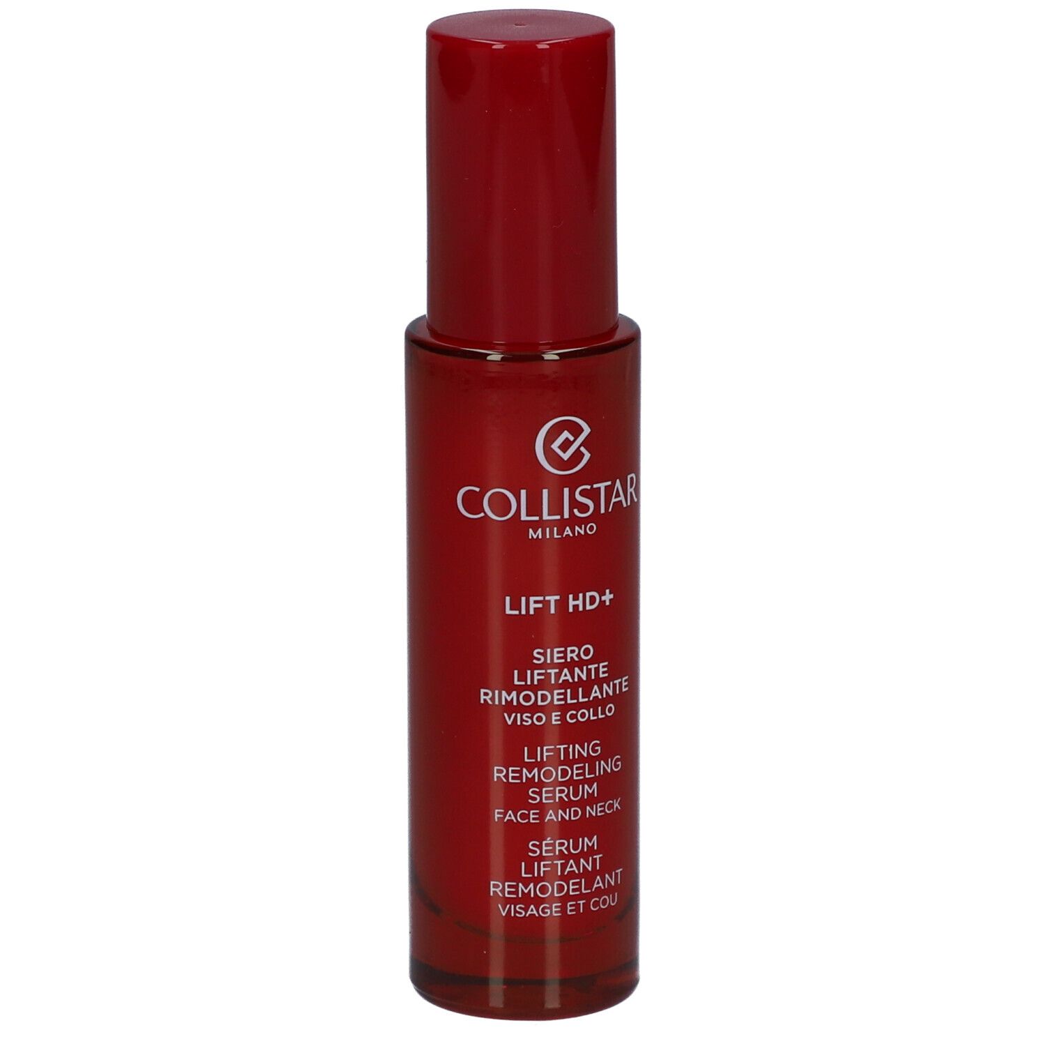 Flacone rosso con tappo rosso. Scritta: Collistar, Lift HD+, siero viso e collo.