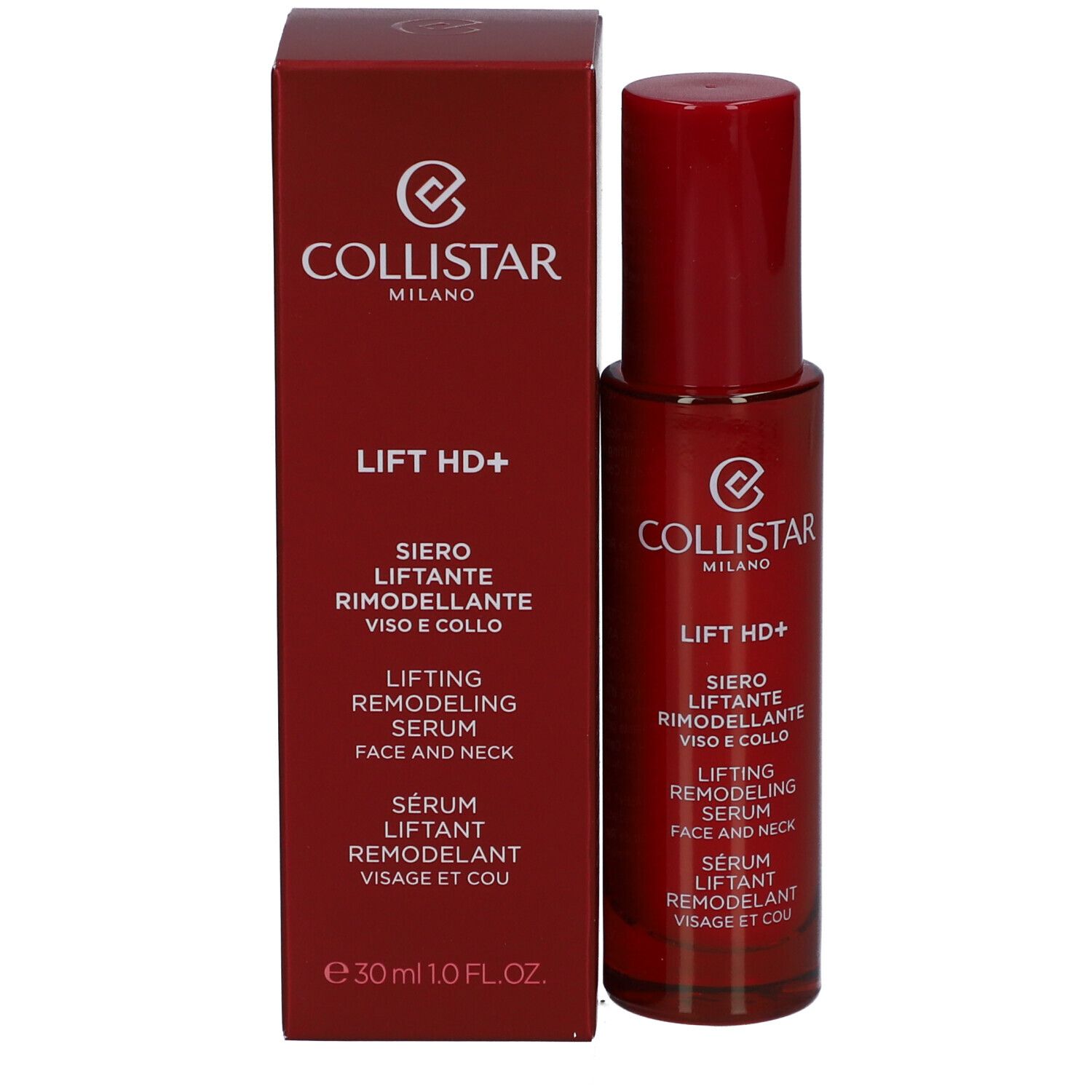 Flacone e scatola rossi. Scritta: Collistar, Lift HD+, siero viso e collo.