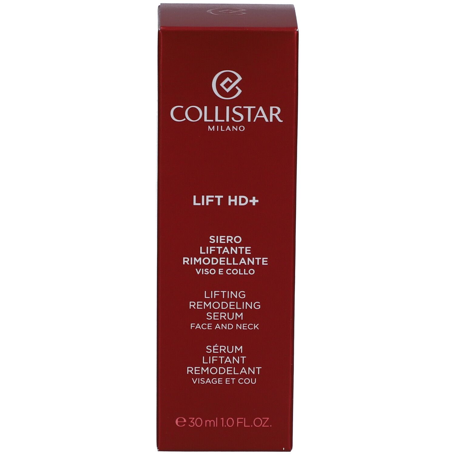 Scatola rossa. Scritta: Collistar, Lift HD+, siero viso e collo.