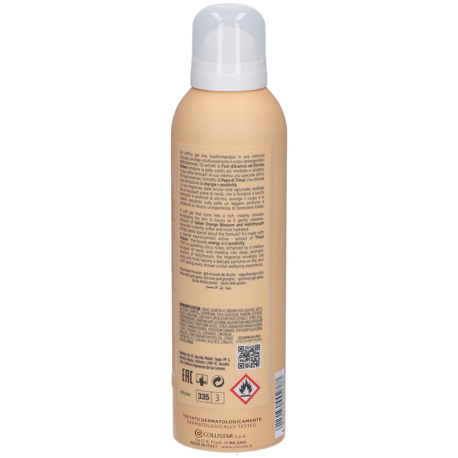 Retro di un flacone beige con erogatore spray. Testo multilingue. Scritta: Collistar, Benessere, Gel-Mousse Douche.