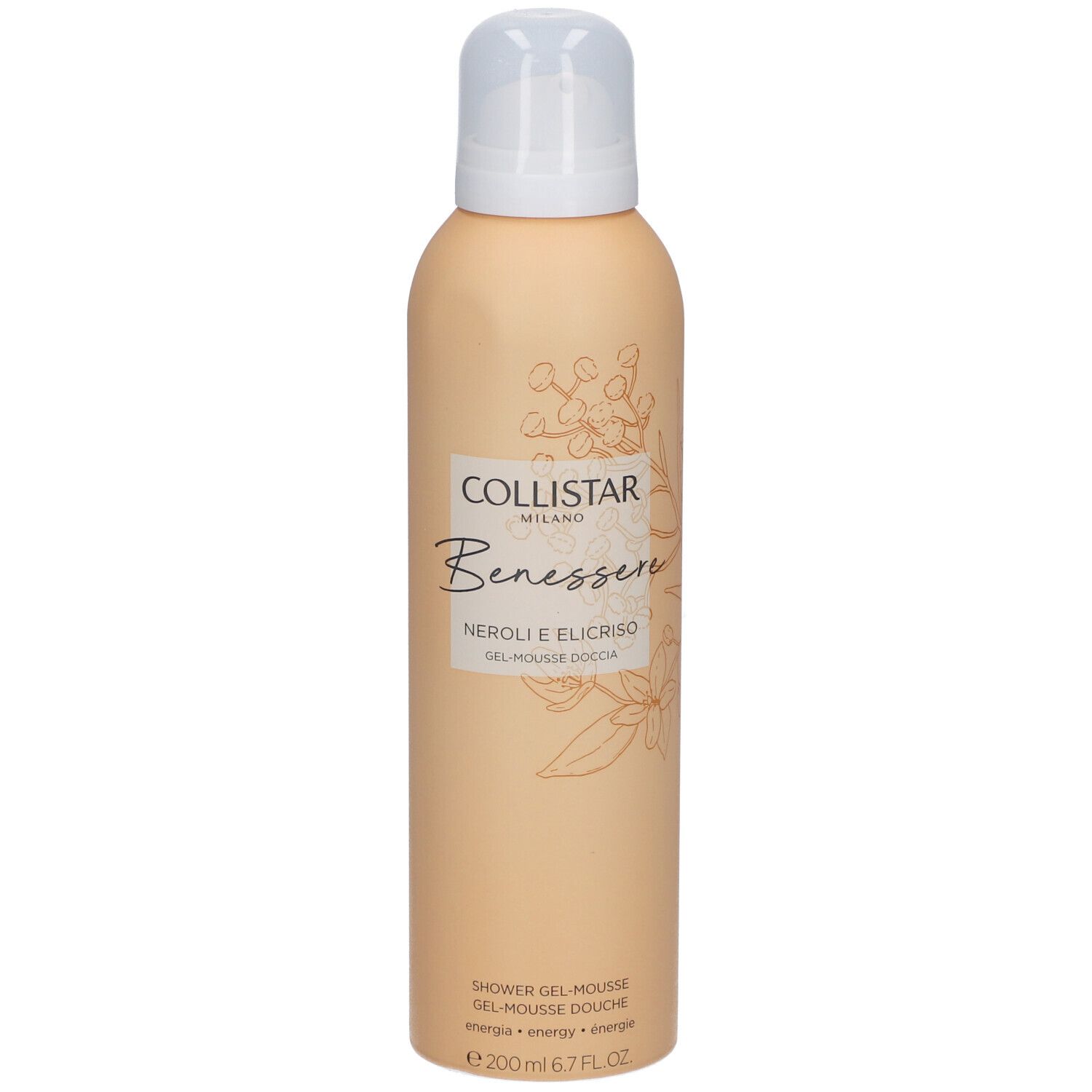 Flacone beige con erogatore spray. Scritta: Collistar, Benessere, Neroli e Elicriso, Gel-Mousse Douche.