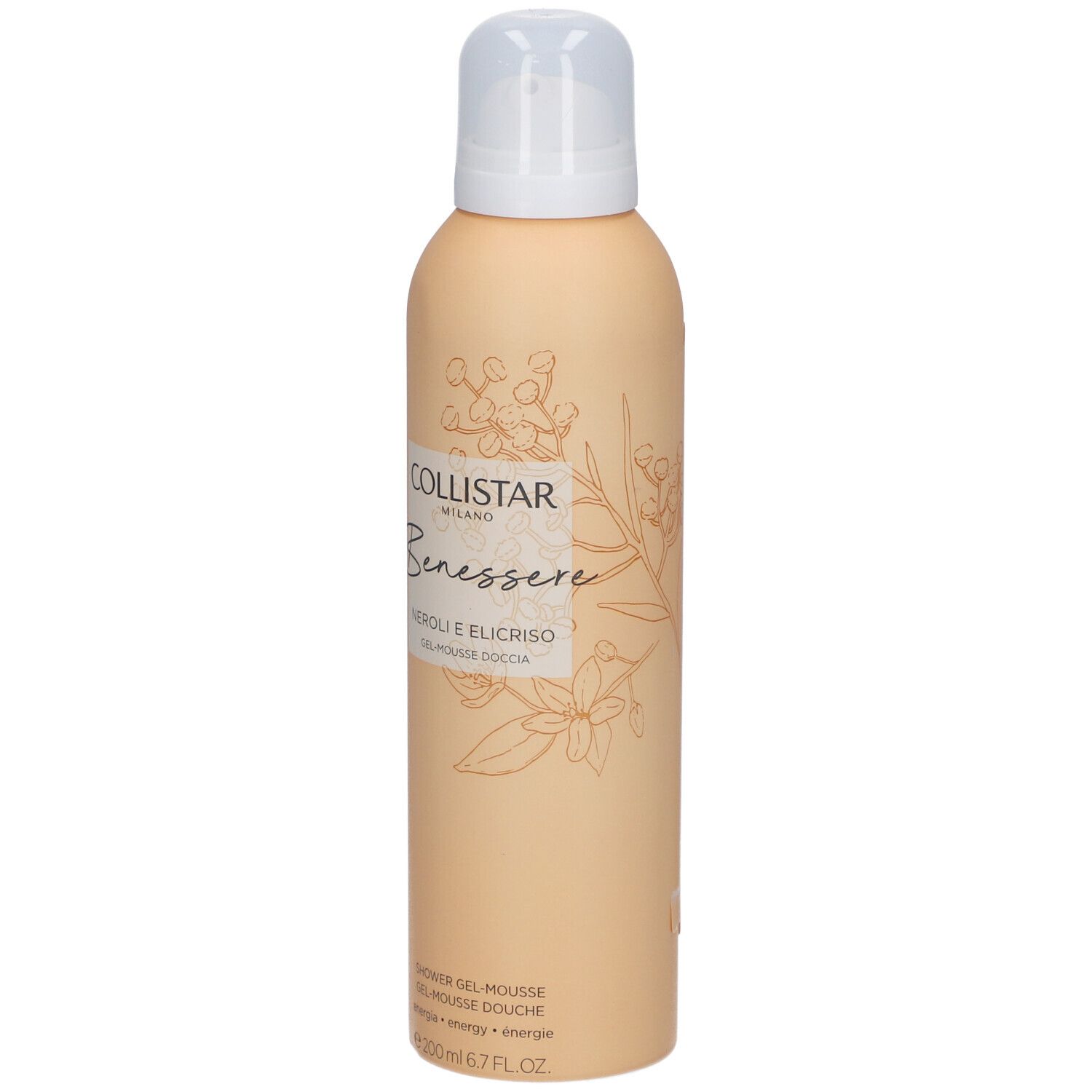 Flacone beige con erogatore spray. Scritta: Collistar, Benessere, Neroli e Elicriso, Gel-Mousse Douche.