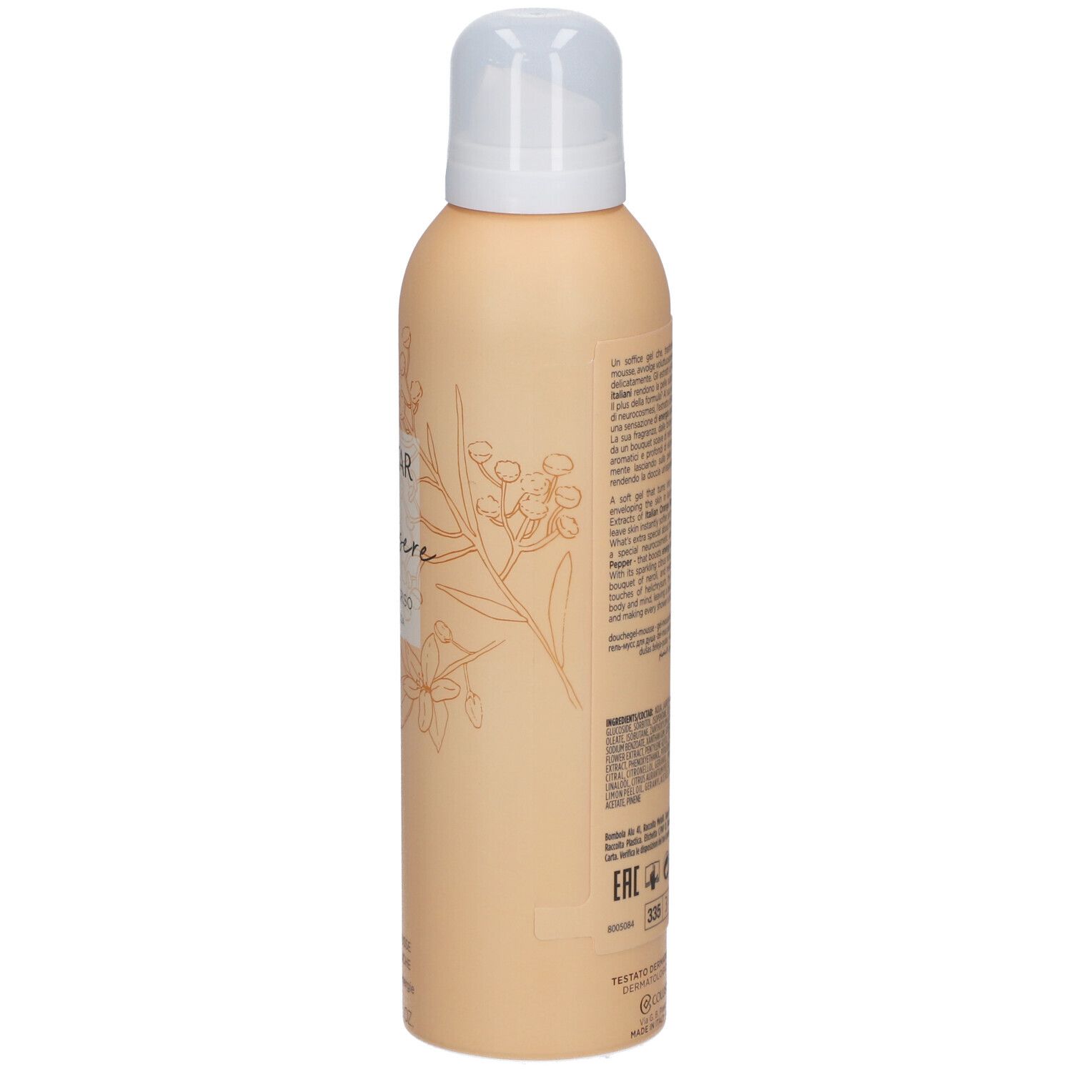 Retro di un flacone beige con erogatore spray. Testo multilingue. Scritta: Collistar, Benessere, Gel-Mousse Douche.