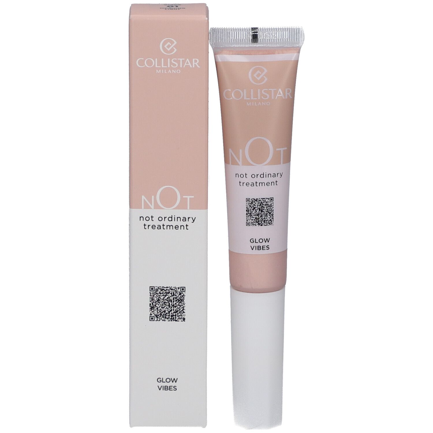 Prodotto e confezione. Tubo e scatola. Scritte: Collistar, NOT, Glow Vibes.