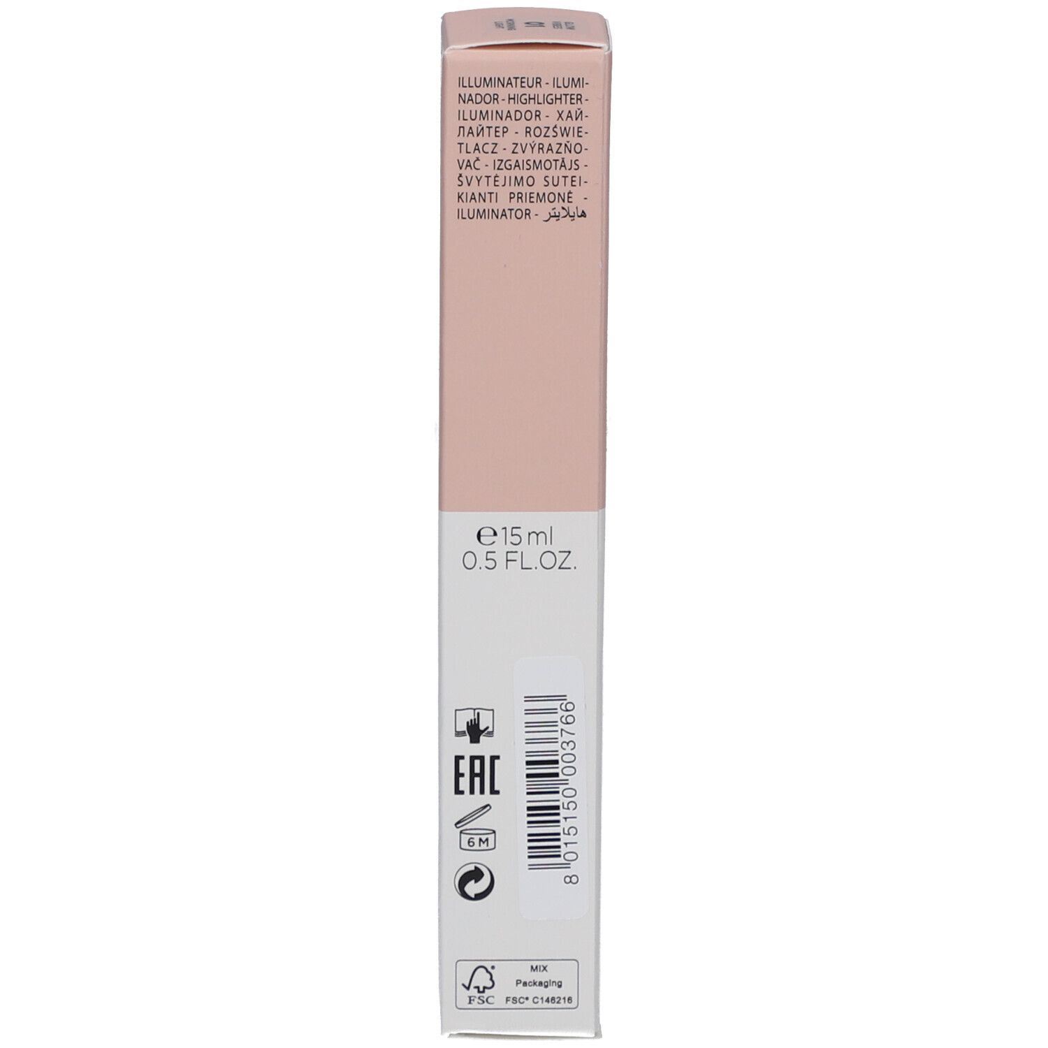 Lato della scatola. Testo: e15ml, 0.5 fl.oz., EAC, logo FSC.