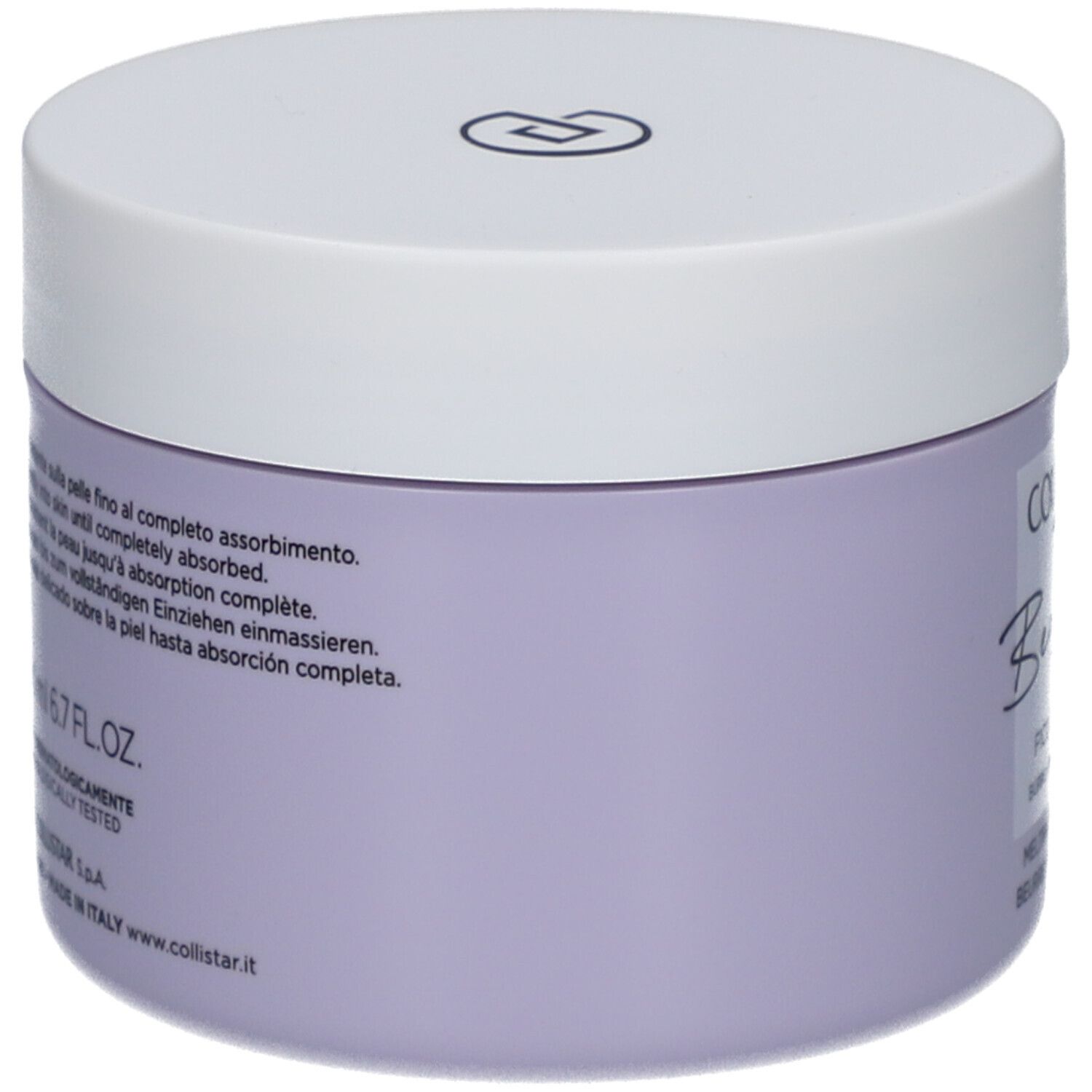 Vaso lilla con coperchio bianco. Scritta: Collistar, Benessere, Fico e Glicine, Melting Body Butter.