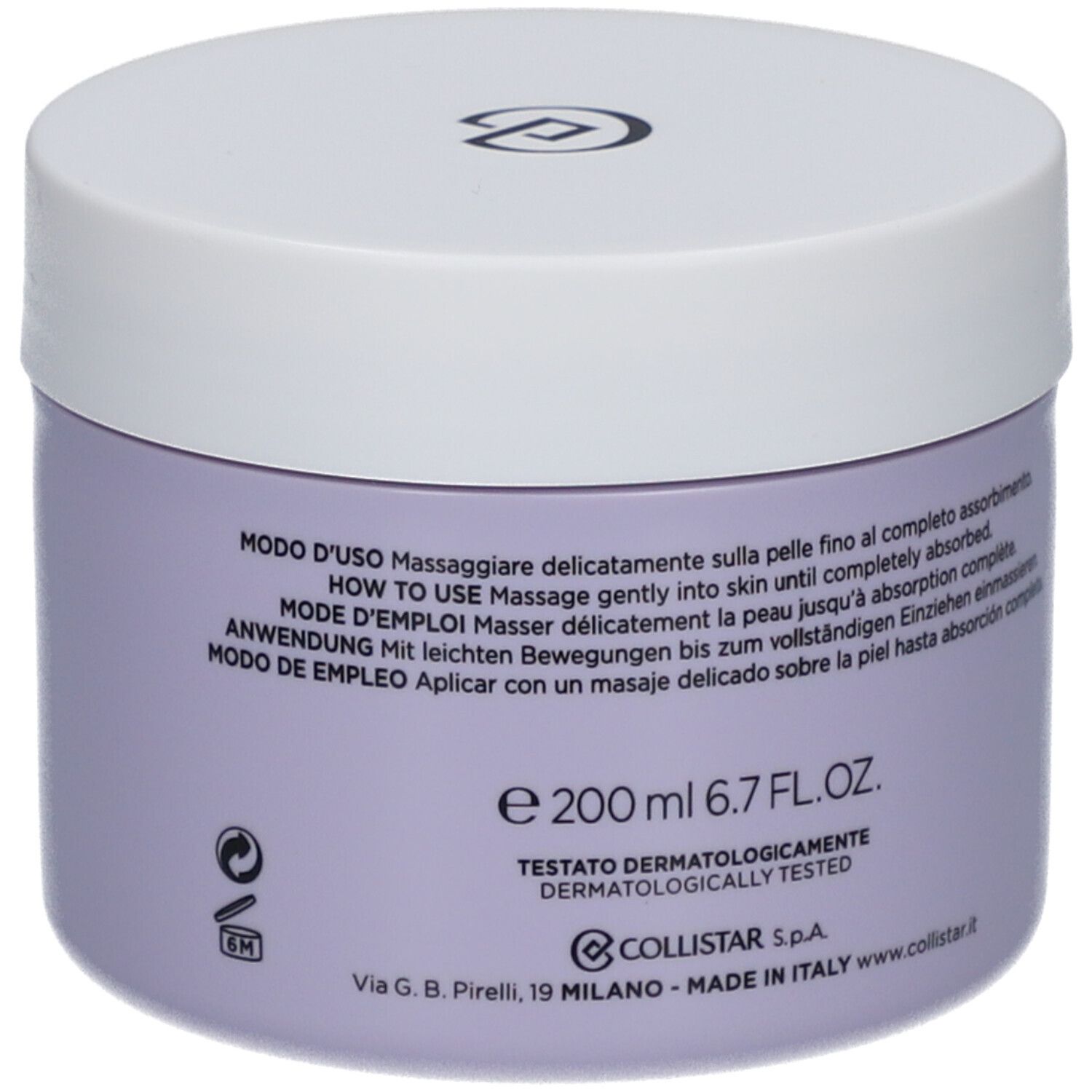 Vaso lilla con coperchio bianco. Scritta: Collistar, Benessere, Fico e Glicine, Melting Body Butter.