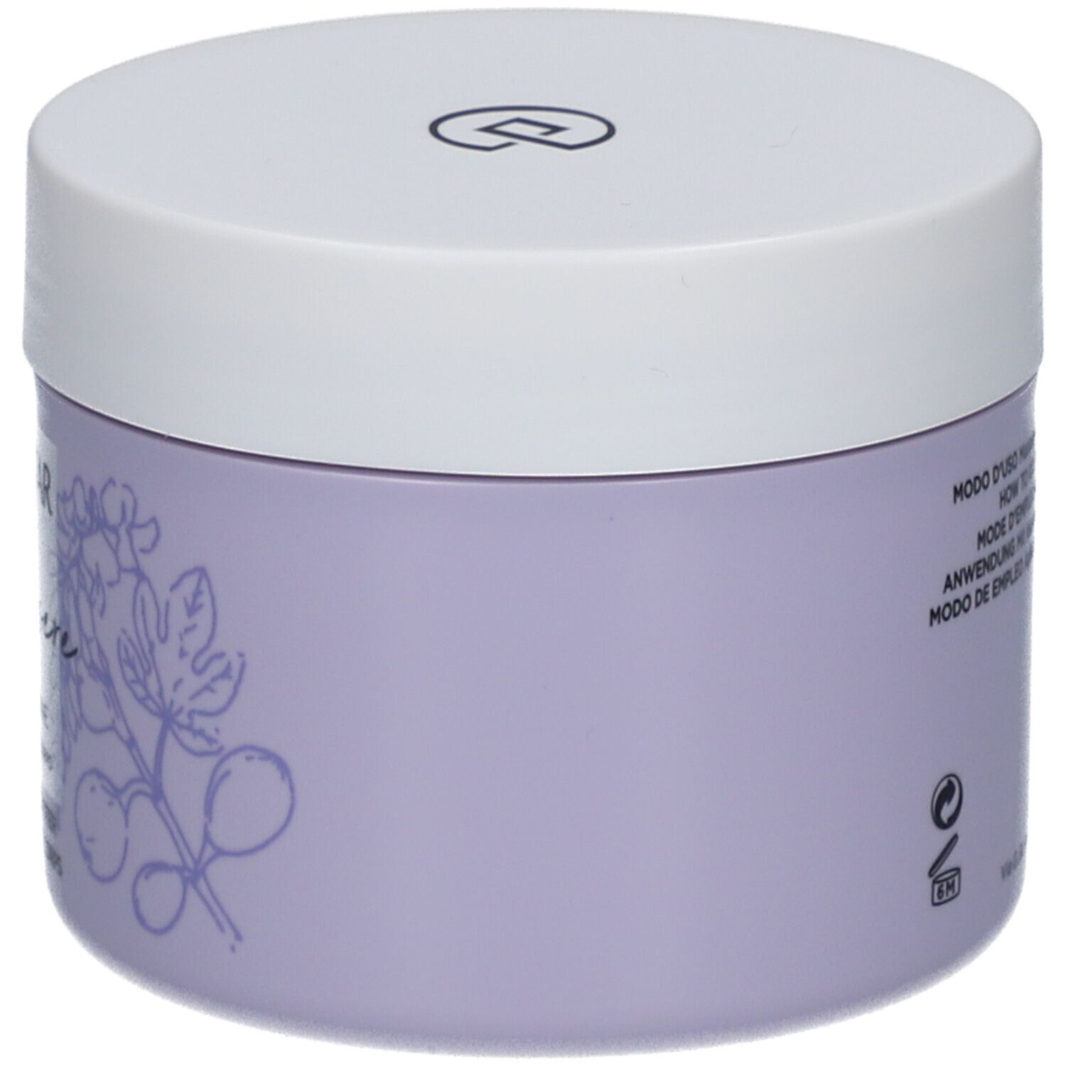 Vaso lilla con coperchio bianco. Scritta: Collistar, Benessere, Fico e Glicine, Melting Body Butter.