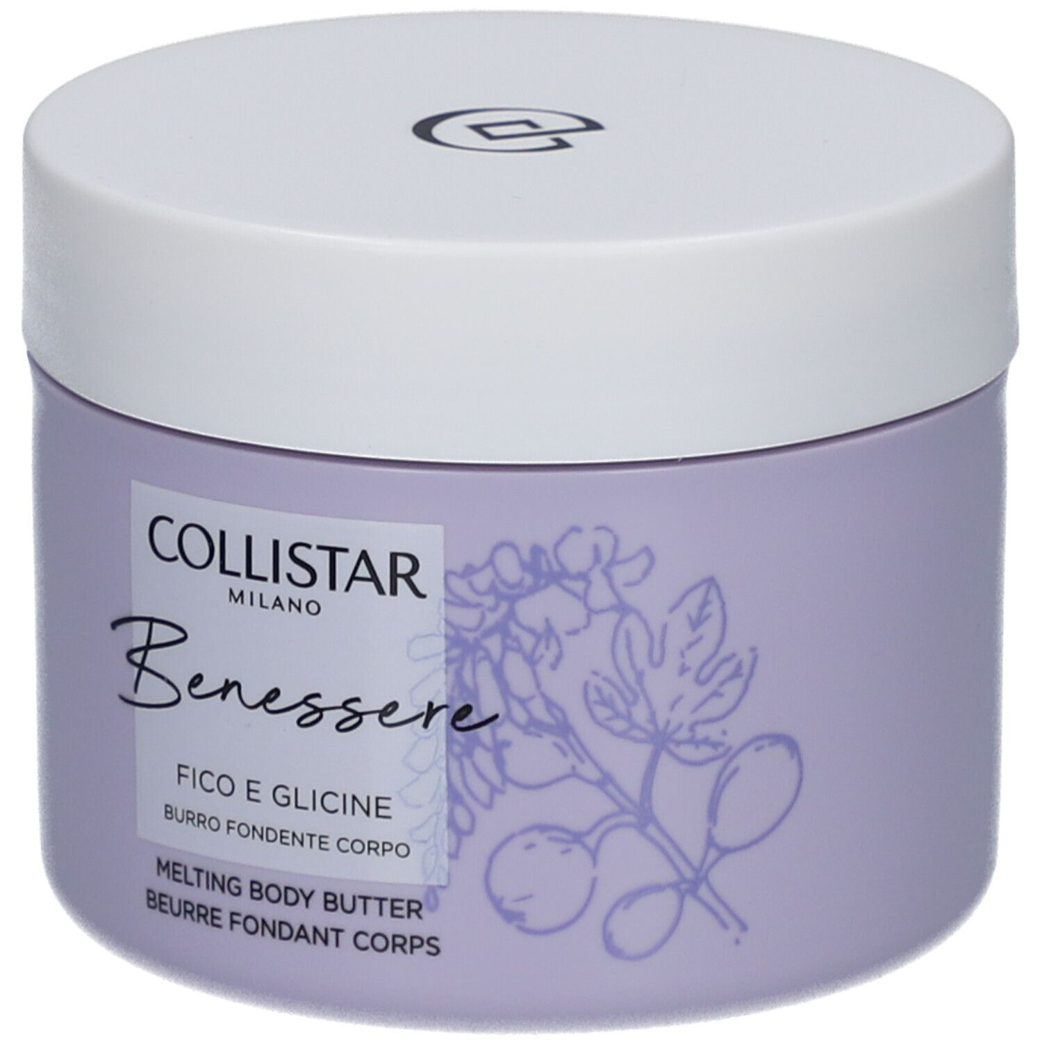 Vaso lilla con coperchio bianco. Scritta: Collistar, Benessere, Fico e Glicine, Melting Body Butter.