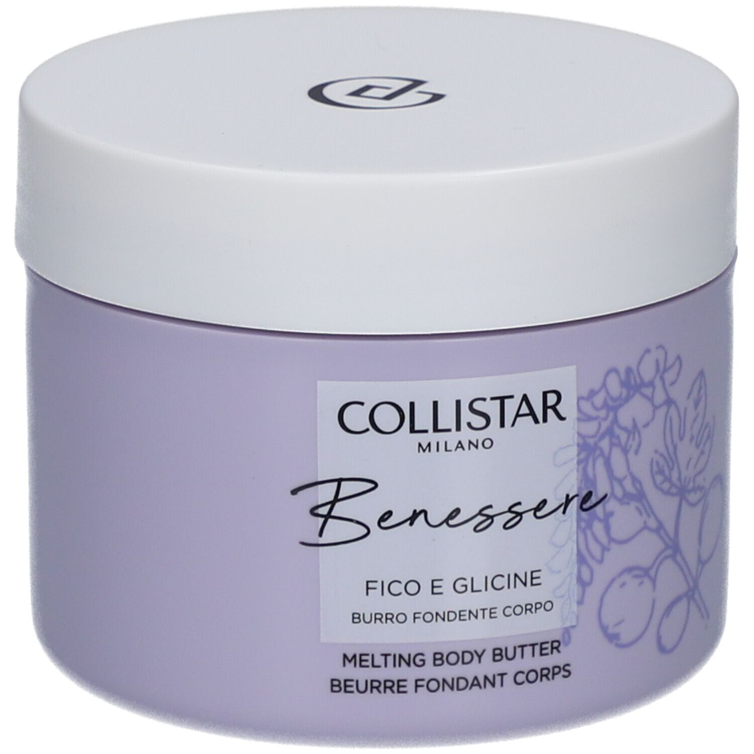 Vaso lilla con coperchio bianco. Scritta: Collistar, Benessere, Fico e Glicine, Melting Body Butter.
