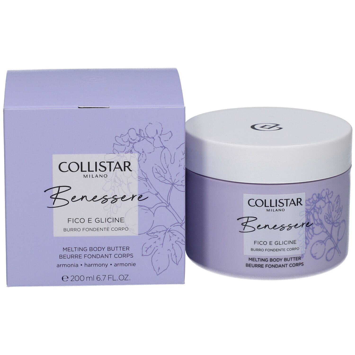 Confezione prodotto: vaso e scatola. Scritta: Collistar, Benessere, Fico e Glicine, Melting Body Butter.
